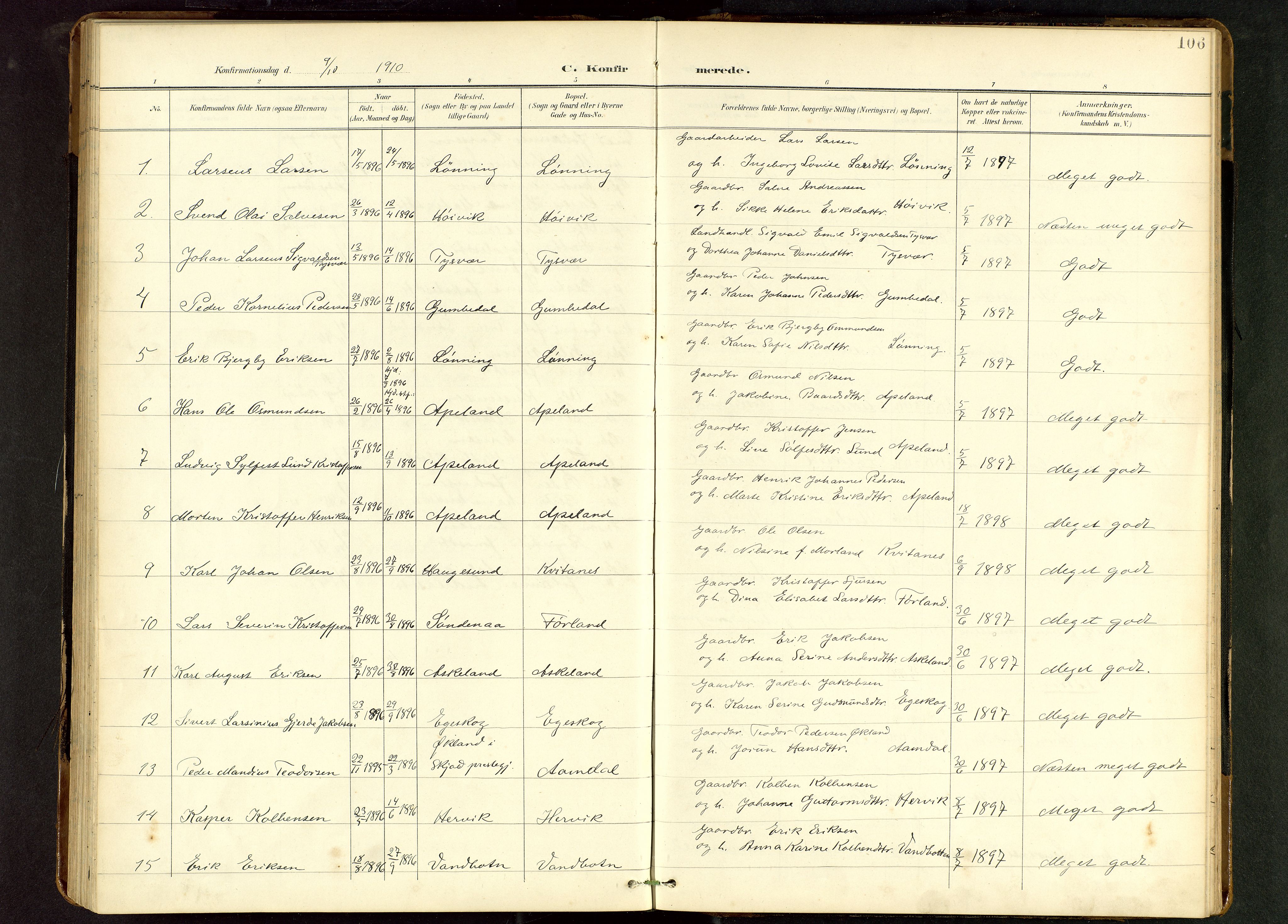 Tysvær sokneprestkontor, AV/SAST-A -101864/H/Ha/Hab/L0010: Klokkerbok nr. B 10, 1897-1912, s. 106