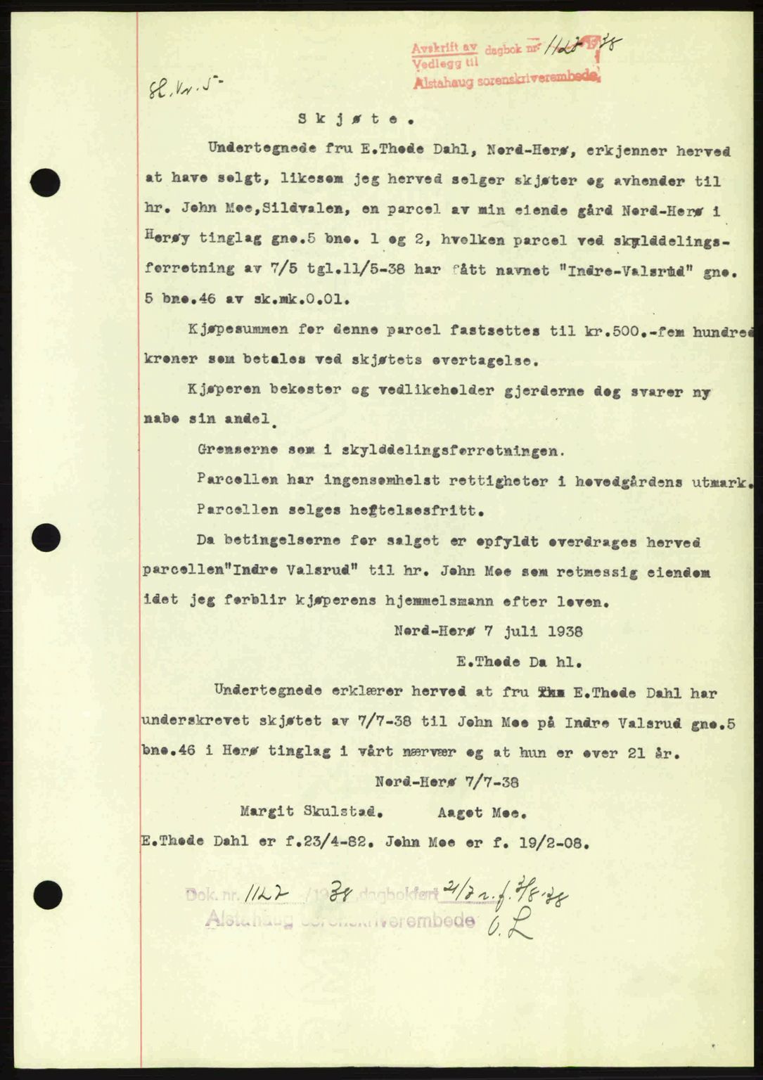 Alstahaug sorenskriveri, SAT/A-1009: Pantebok nr. A3, 1937-1938, Dagboknr: 1127/1938