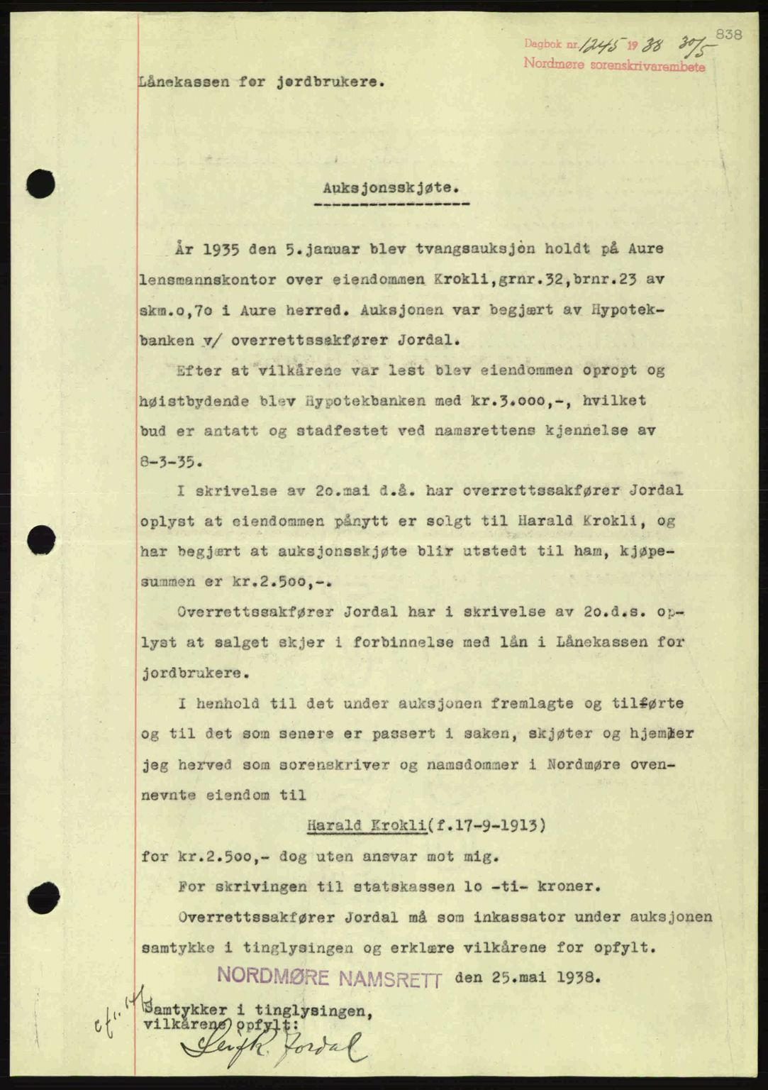 Nordmøre sorenskriveri, SAT/A-4132/1/2/2Ca: Pantebok nr. A83, 1938-1938, Dagboknr: 1245/1938