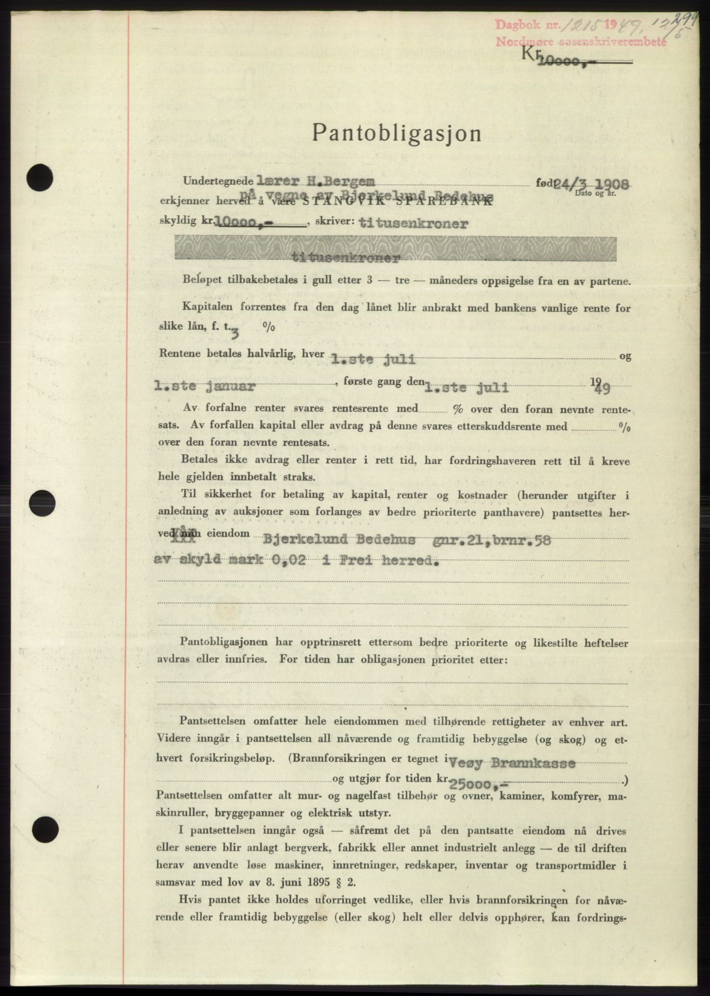 Nordmøre sorenskriveri, SAT/A-4132/1/2/2Ca: Pantebok nr. B101, 1949-1949, Dagboknr: 1215/1949