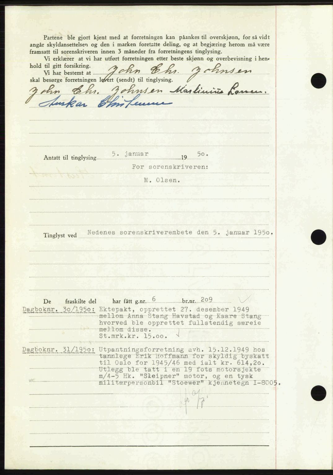 Nedenes sorenskriveri, AV/SAK-1221-0006/G/Gb/Gba/L0062: Pantebok nr. A14, 1949-1950, Dagboknr: 29/1950