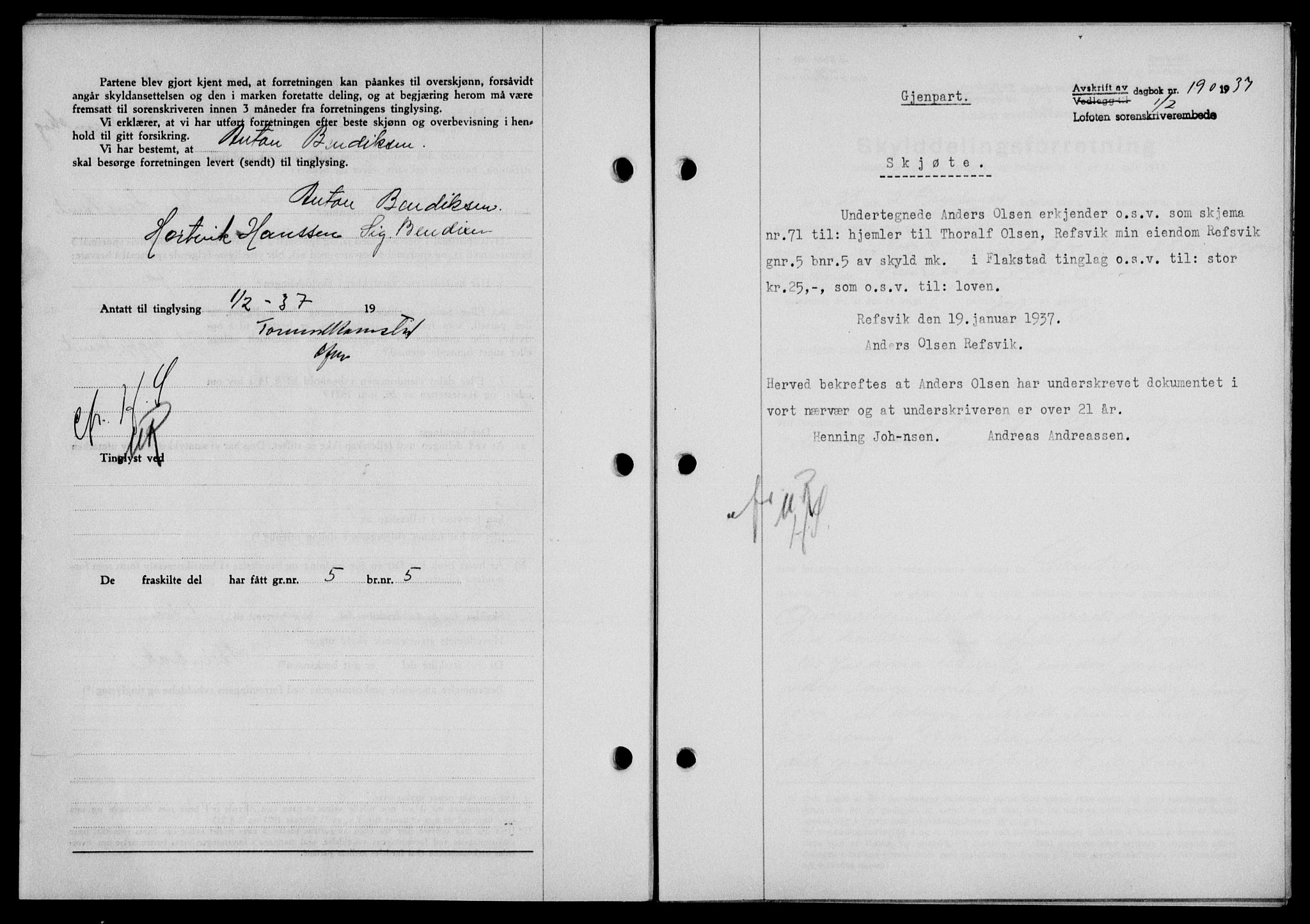 Lofoten sorenskriveri, SAT/A-0017/1/2/2C/L0001a: Pantebok nr. 1a, 1936-1937, Dagboknr: 190/1937