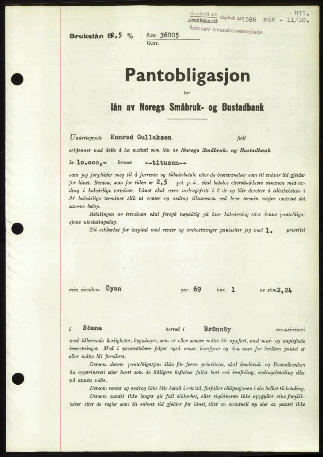 Brønnøy sorenskriveri, SAT/A-4170/1/2/2C: Pantebok nr. 36, 1950-1950, Dagboknr: 1586/1950