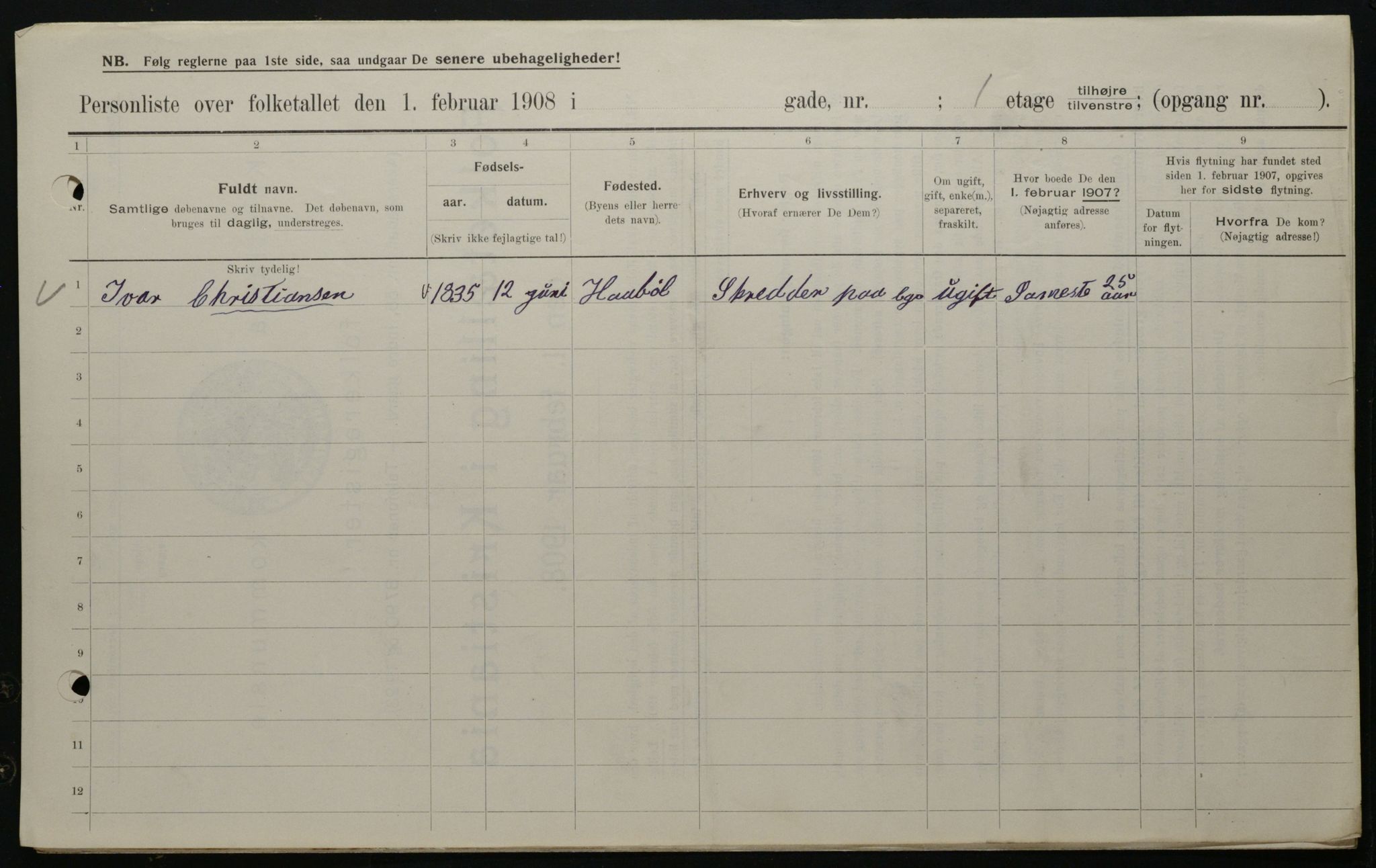 OBA, Kommunal folketelling 1.2.1908 for Kristiania kjøpstad, 1908, s. 44797