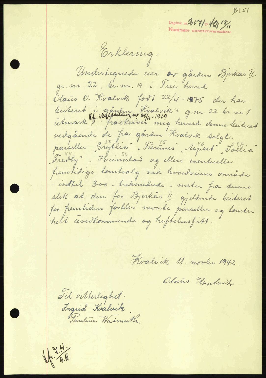 Nordmøre sorenskriveri, SAT/A-4132/1/2/2Ca: Pantebok nr. B90, 1942-1943, Dagboknr: 3071/1942