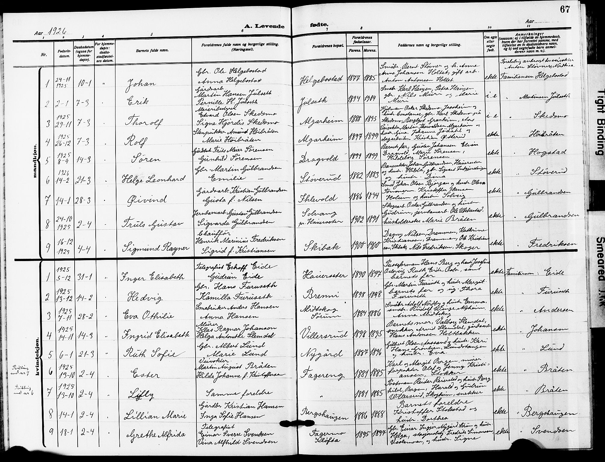 Ullensaker prestekontor Kirkebøker, AV/SAO-A-10236a/G/Ga/L0003: Klokkerbok nr. I 3, 1914-1929, s. 67