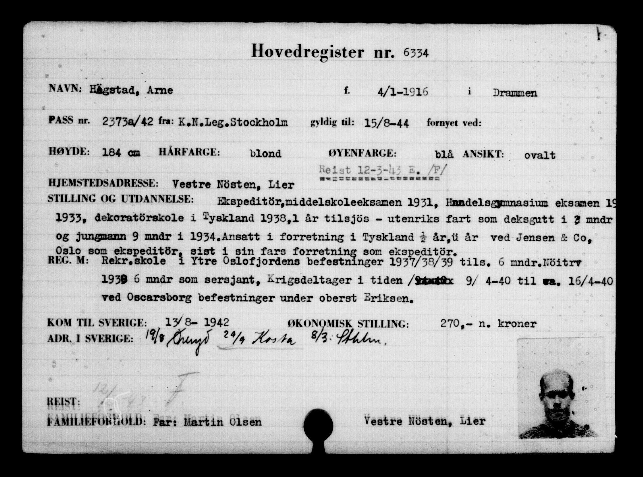 Utenriksstasjonene, Legasjonen i Stockholm, Flyktningkontoret, AV/RA-S-6753/V/Va/L0004: Kjesäterkartoteket, flyktninger med registreringsnr. 3496-6610, 1940-1945, s. 3353