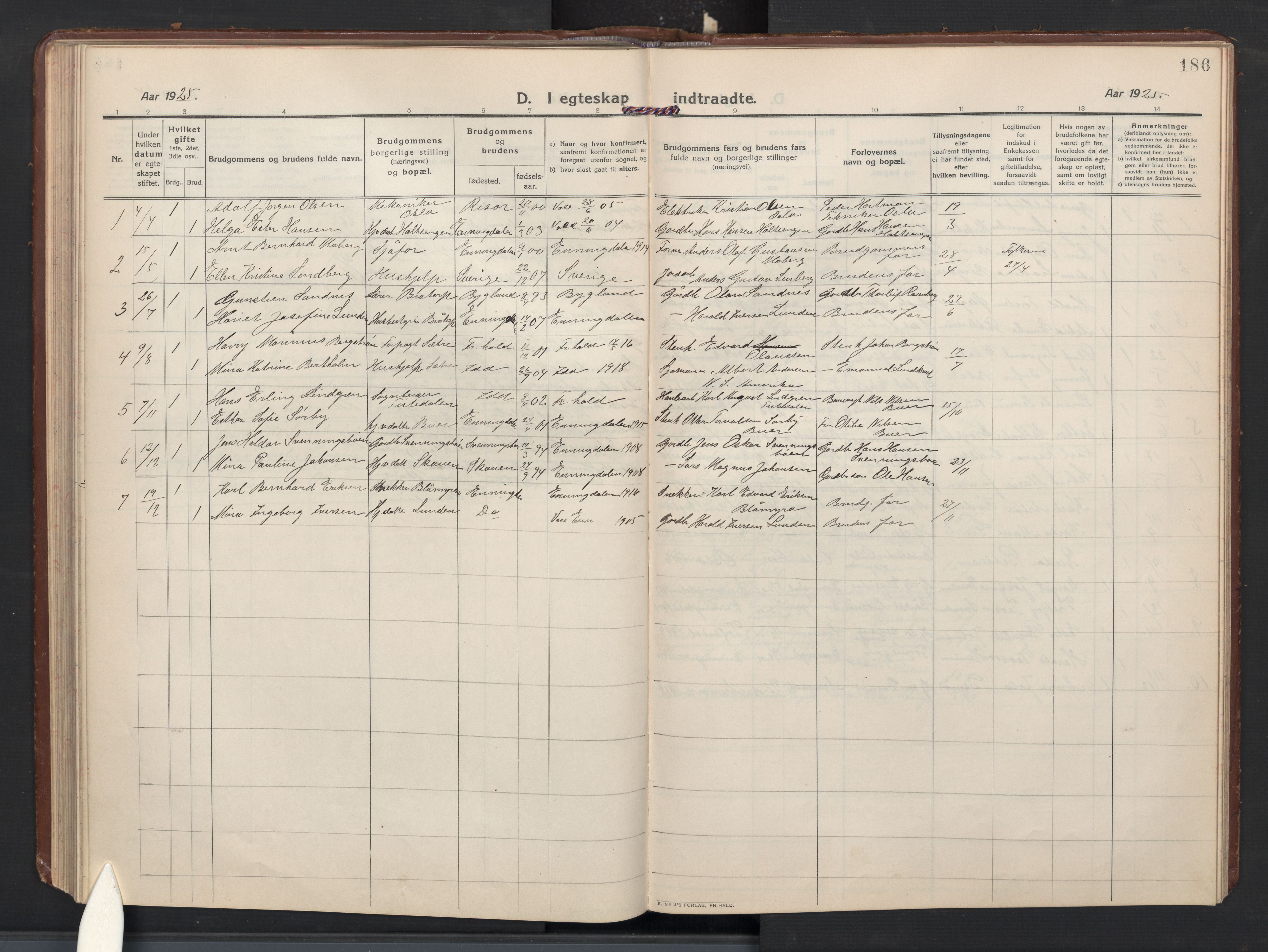 Idd prestekontor Kirkebøker, AV/SAO-A-10911/G/Gc/L0002: Klokkerbok nr. III 2, 1911-1932, s. 186