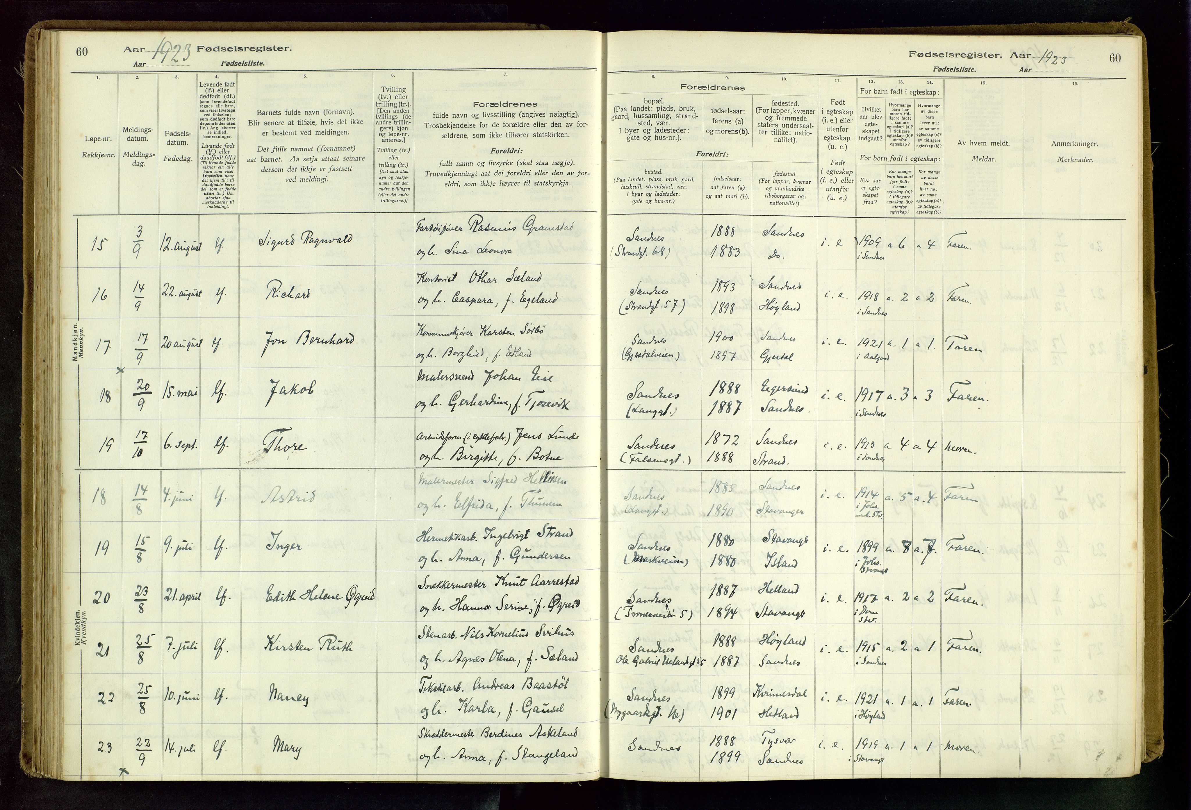 Sandnes sokneprestkontor, SAST/A-101800/704BA/L0001: Fødselsregister nr. 1, 1916-1942, s. 60