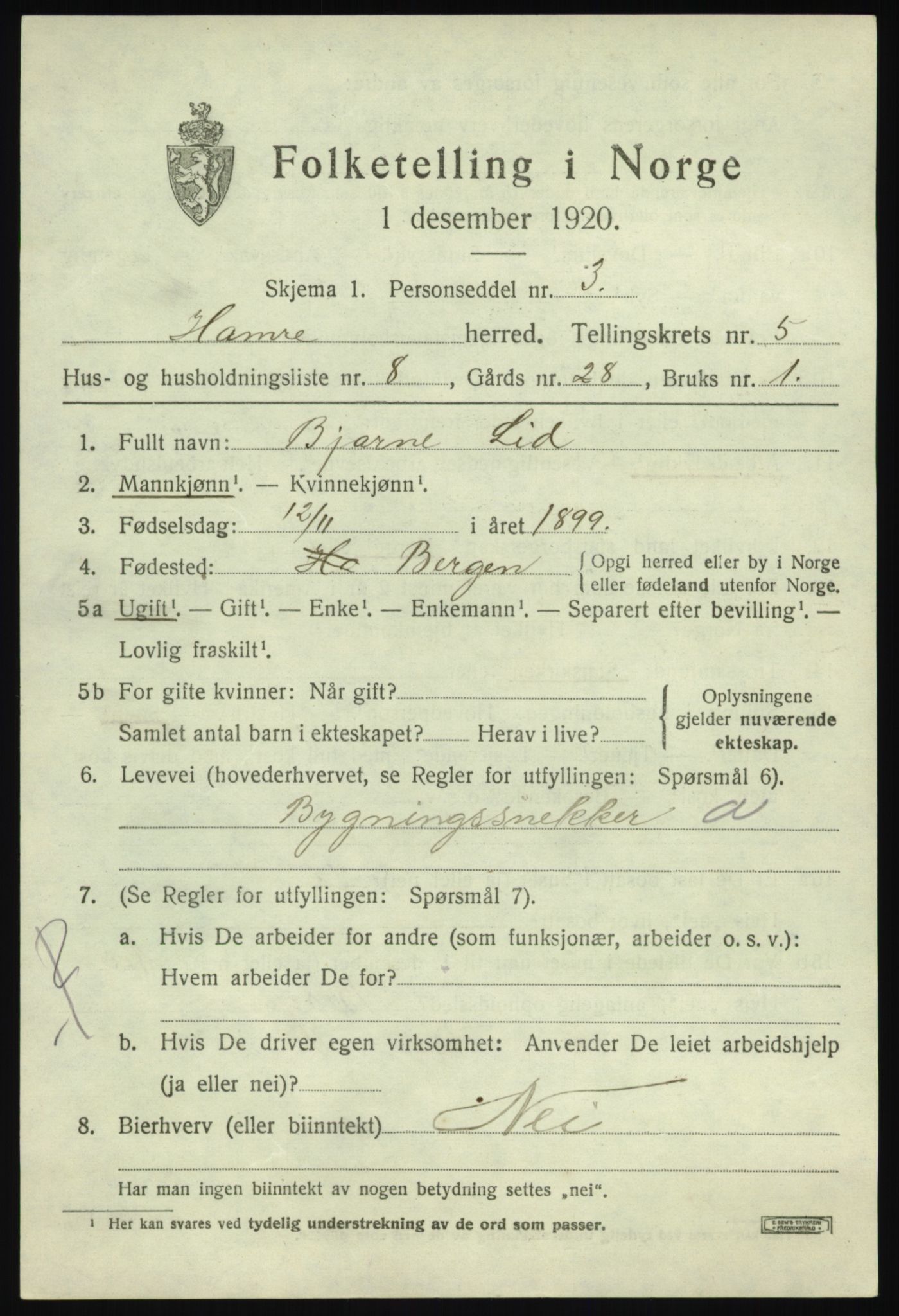 SAB, Folketelling 1920 for 1254 Hamre herred, 1920, s. 2935