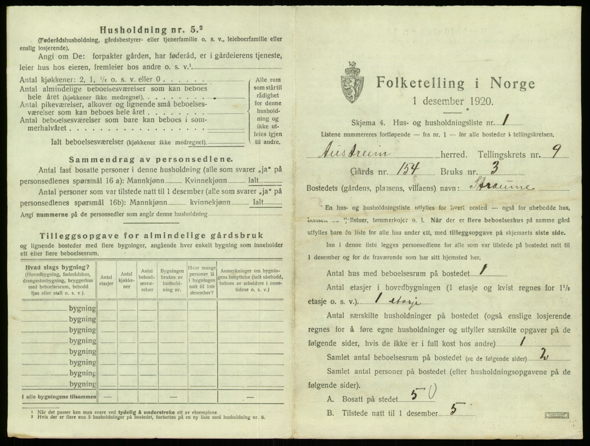 SAB, Folketelling 1920 for 1264 Austrheim herred, 1920, s. 421
