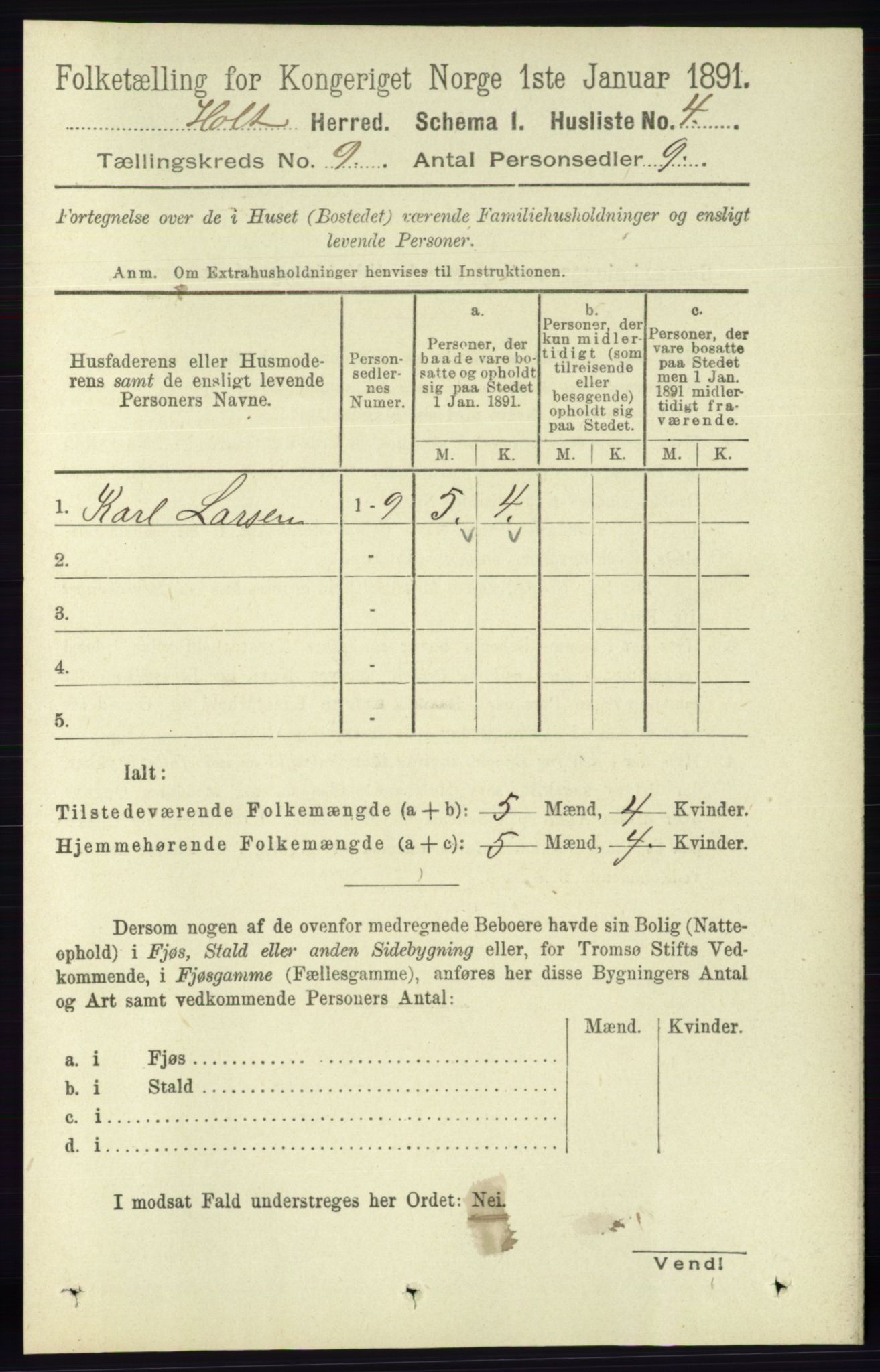 RA, Folketelling 1891 for 0914 Holt herred, 1891, s. 3872