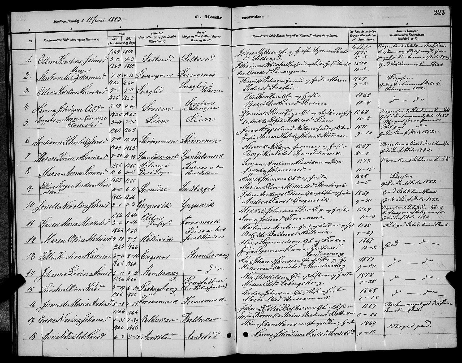 Ibestad sokneprestembete, AV/SATØ-S-0077/H/Ha/Hab/L0007klokker: Klokkerbok nr. 7, 1879-1889, s. 223