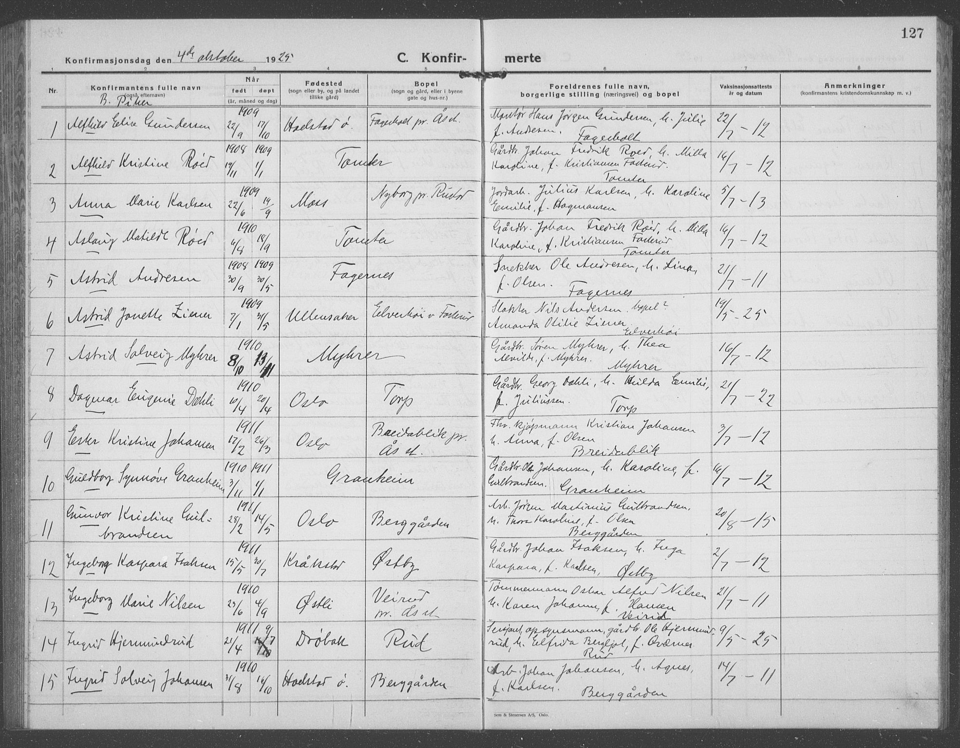 Ås prestekontor Kirkebøker, AV/SAO-A-10894/G/Ga/L0006: Klokkerbok nr. I 6, 1925-1940, s. 127