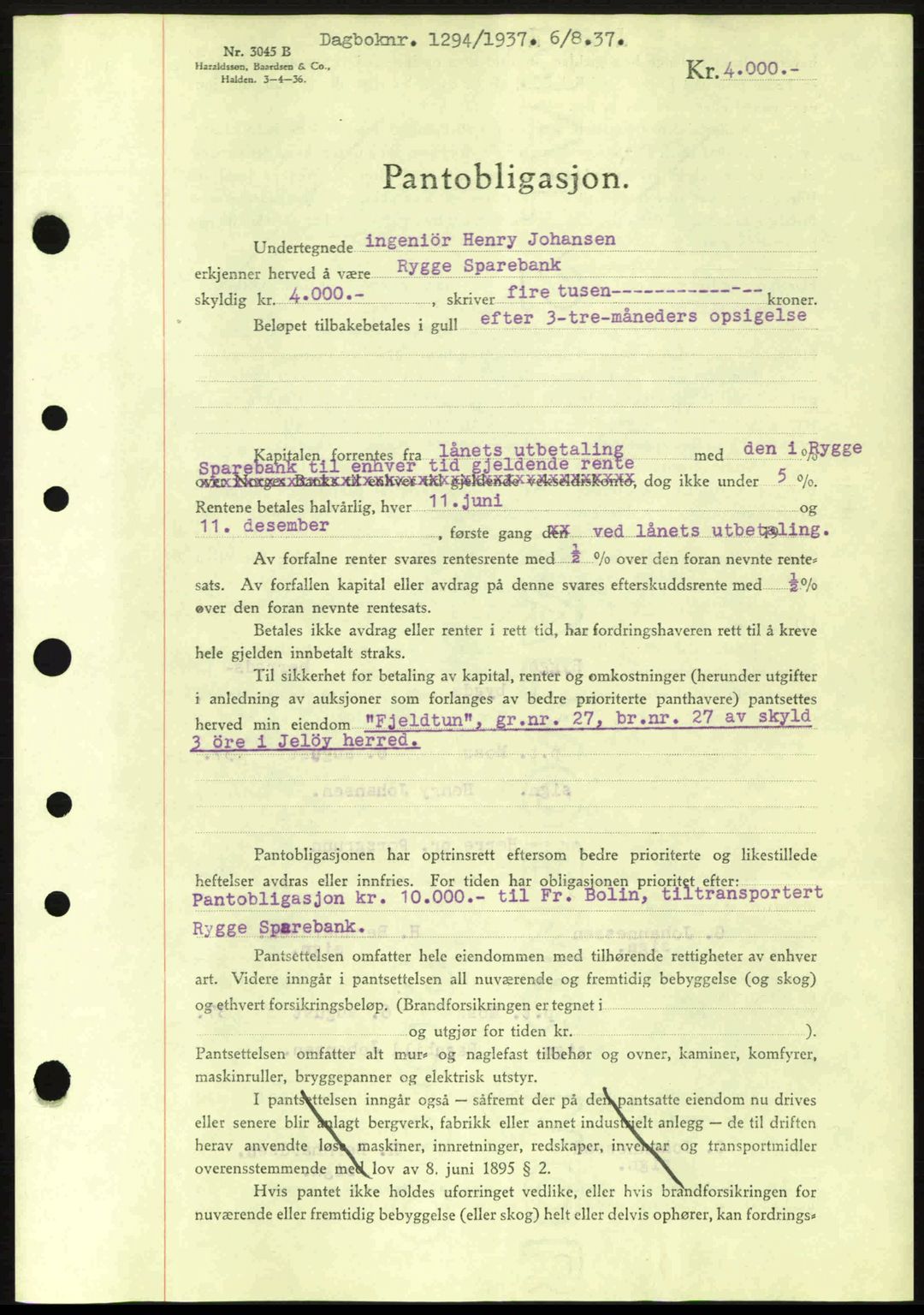 Moss sorenskriveri, SAO/A-10168: Pantebok nr. B3, 1937-1937, Dagboknr: 1294/1937