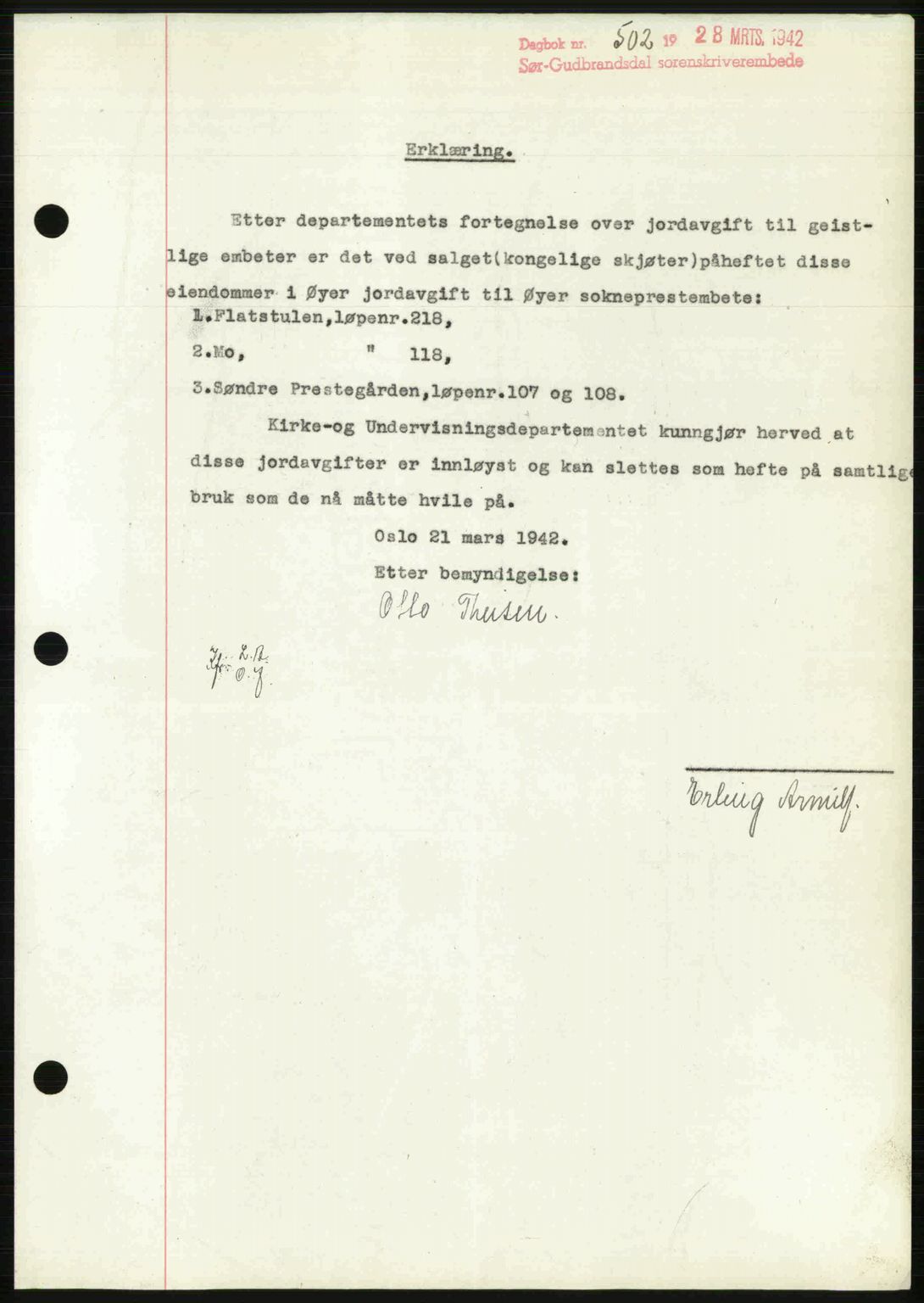 Sør-Gudbrandsdal tingrett, SAH/TING-004/H/Hb/Hbf/L0002: Pantebok nr. C1, 1938-1951, Dagboknr: 502/1942