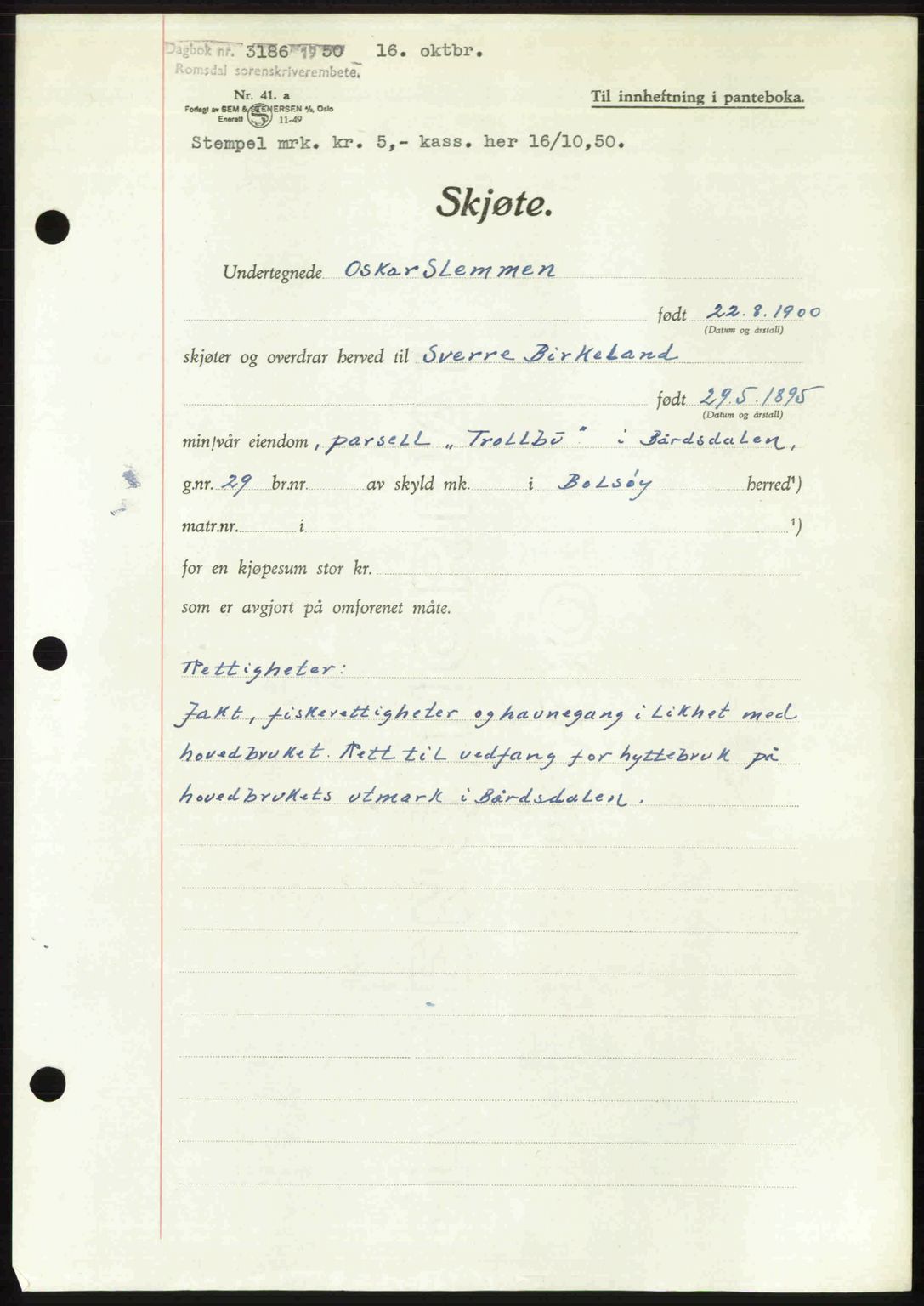 Romsdal sorenskriveri, AV/SAT-A-4149/1/2/2C: Pantebok nr. A34, 1950-1950, Dagboknr: 3186/1950