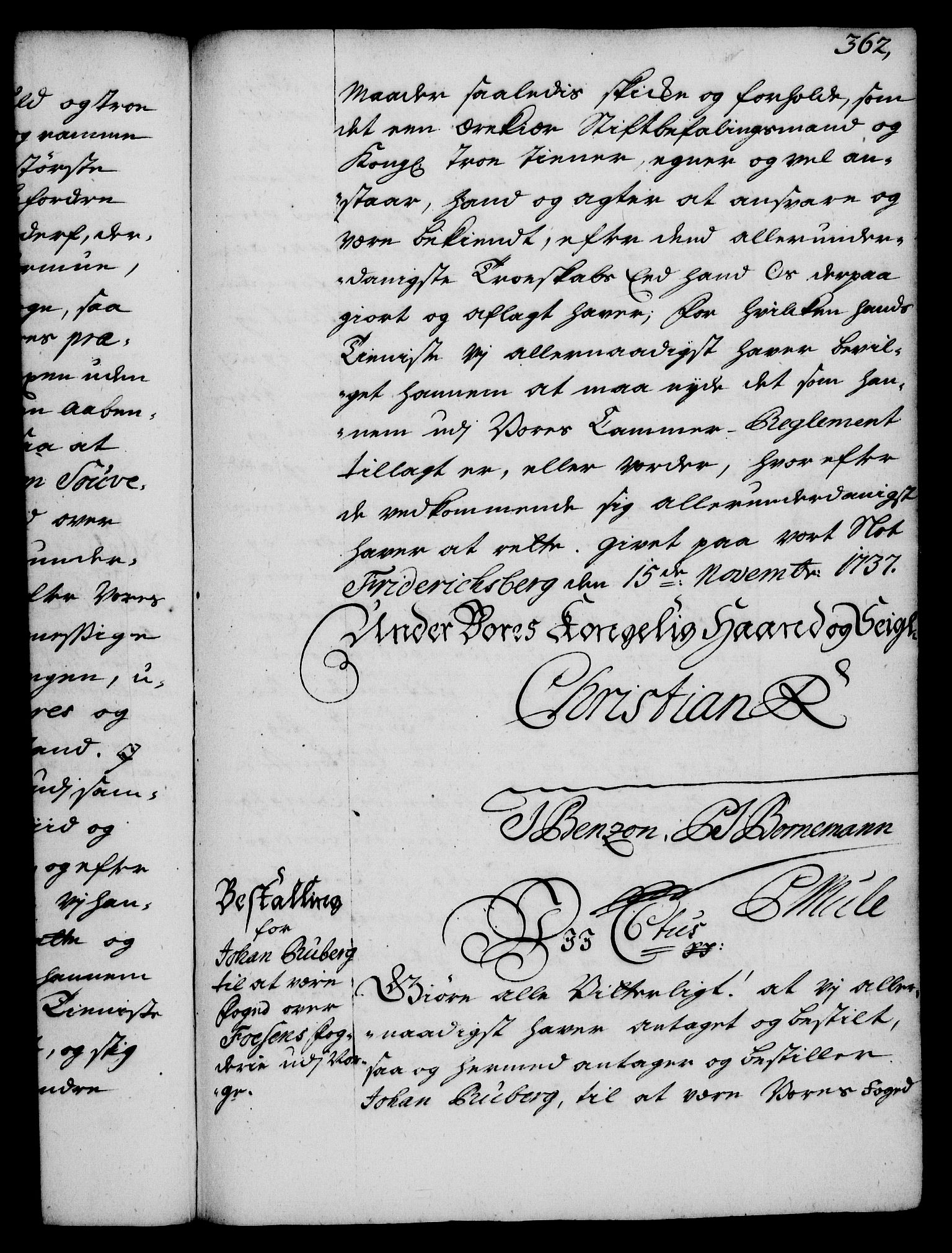 Rentekammeret, Kammerkanselliet, RA/EA-3111/G/Gg/Gge/L0002: Norsk bestallingsprotokoll med register (merket RK 53.26), 1730-1744, s. 362