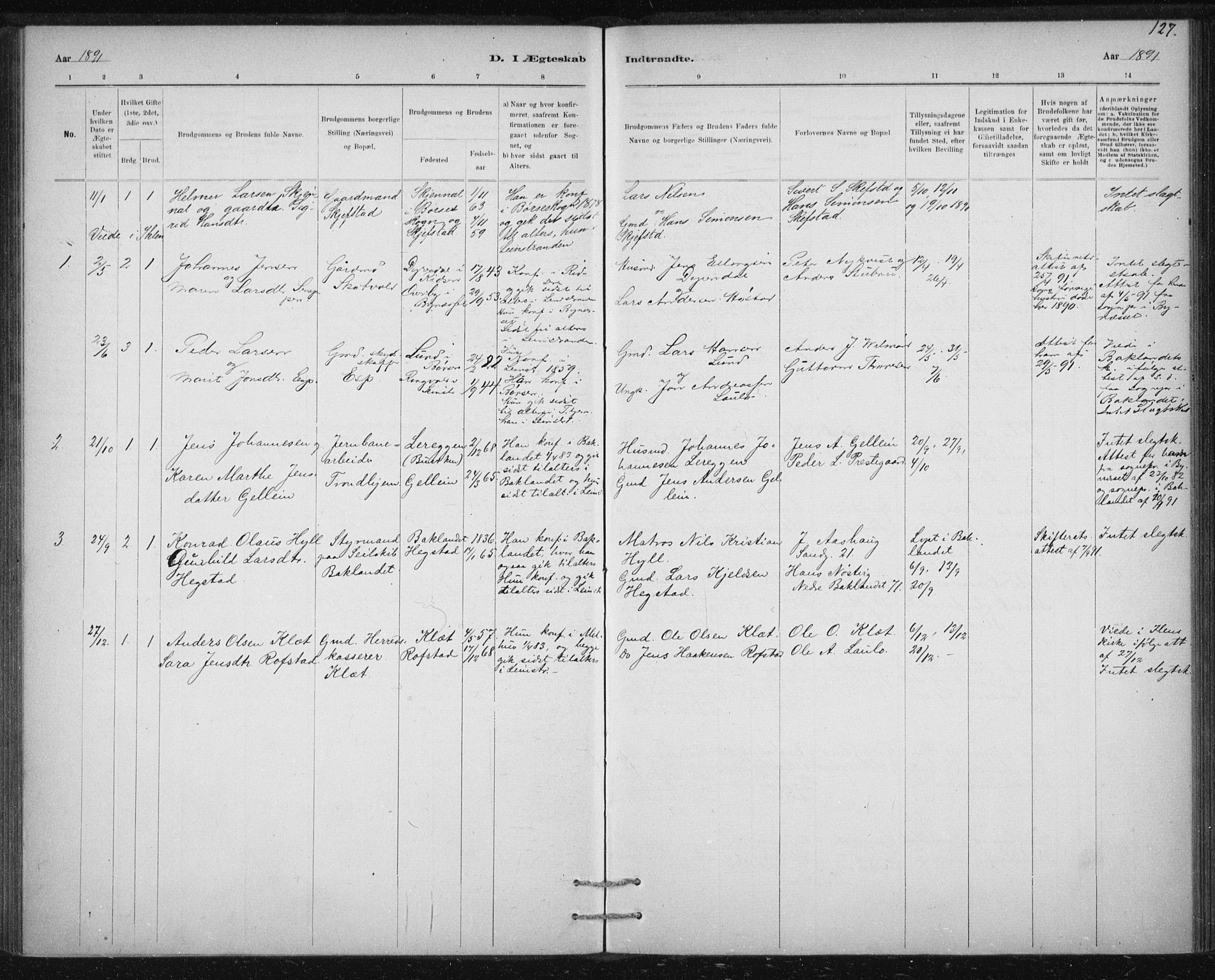 Ministerialprotokoller, klokkerbøker og fødselsregistre - Sør-Trøndelag, AV/SAT-A-1456/613/L0392: Ministerialbok nr. 613A01, 1887-1906, s. 127