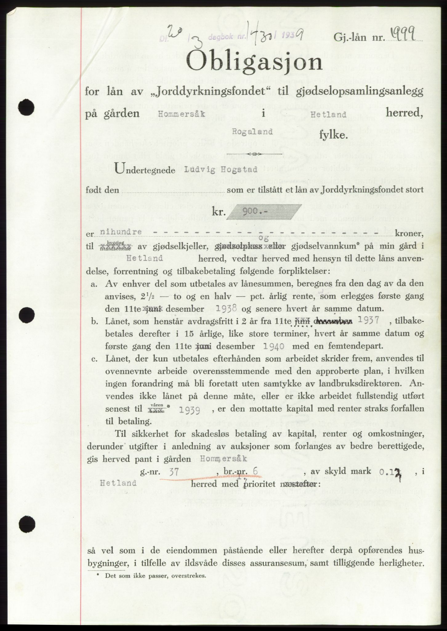 Jæren sorenskriveri, SAST/A-100310/03/G/Gba/L0073: Pantebok, 1939-1939, Dagboknr: 1430/1939