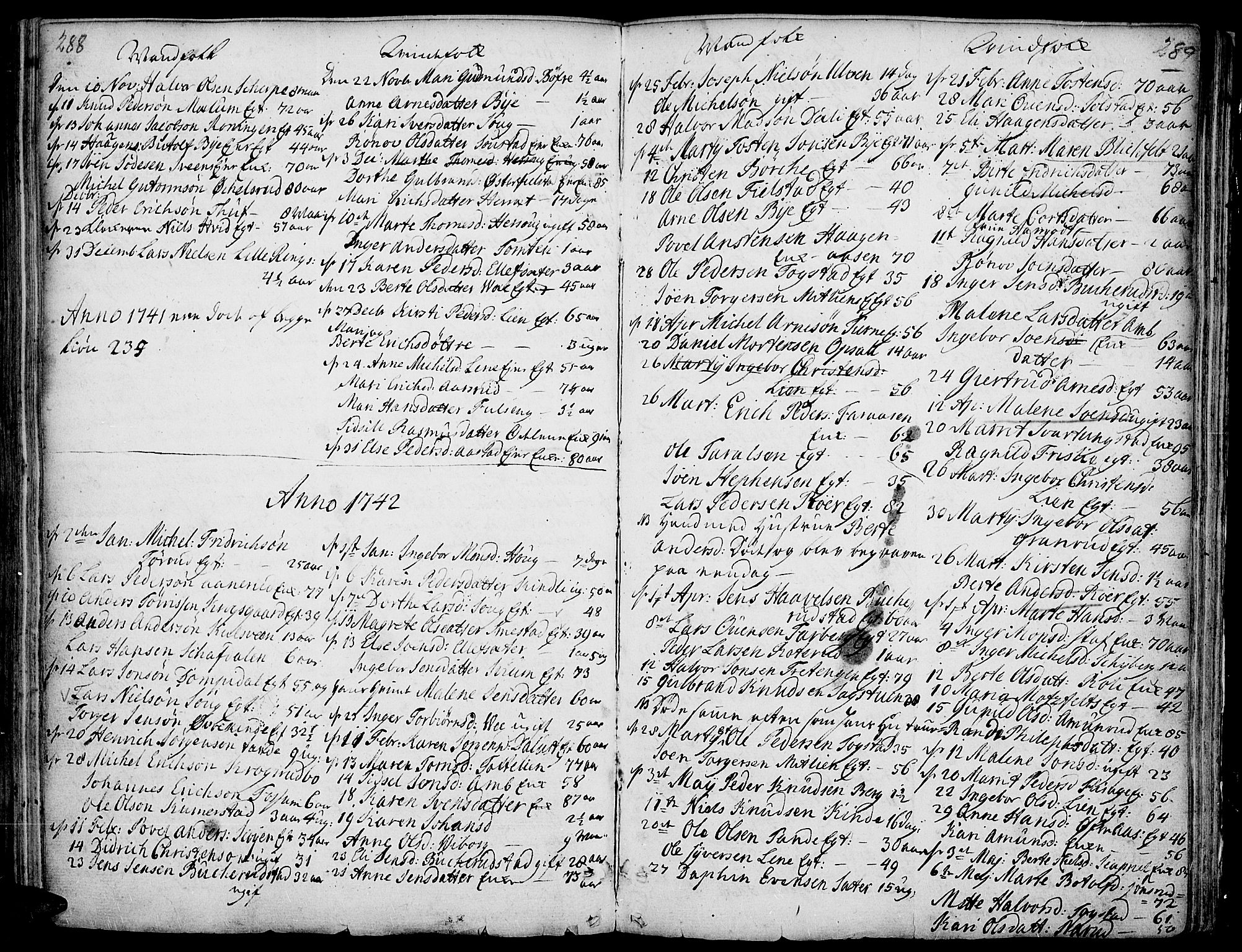 Ringsaker prestekontor, AV/SAH-PREST-014/K/Ka/L0001: Ministerialbok nr. 1, 1734-1746, s. 288-289