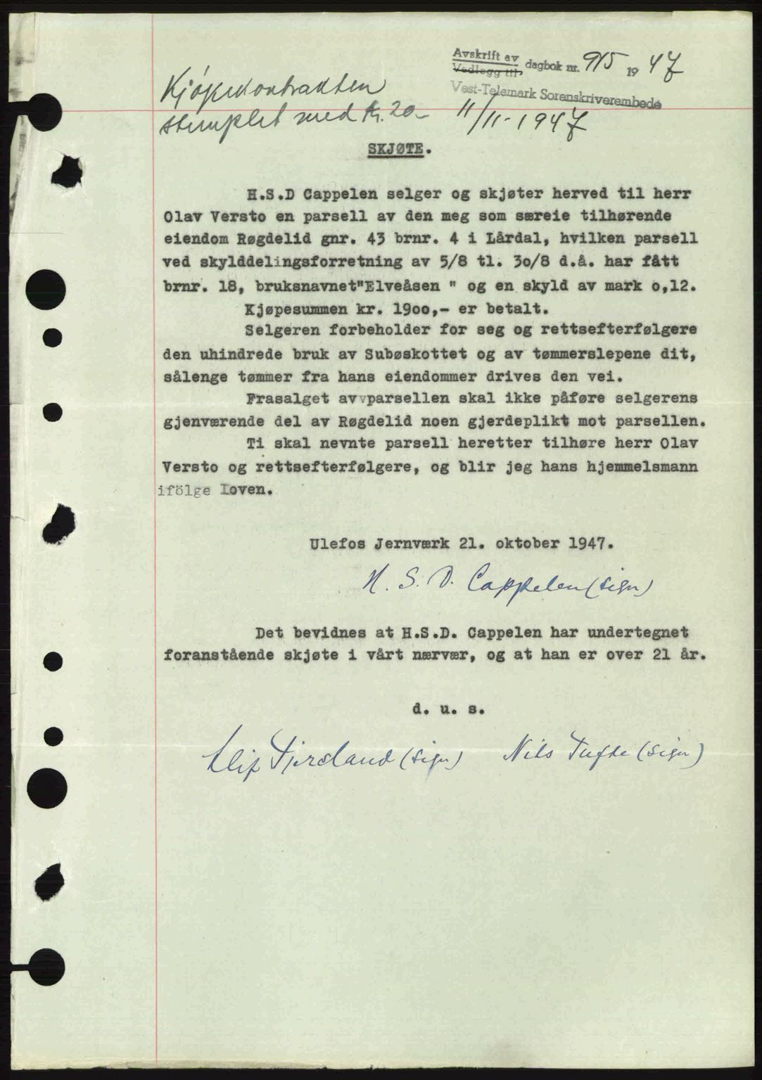 Vest-Telemark sorenskriveri, SAKO/A-134/G/Ga/Gac/L0008: Pantebok nr. A-8, 1947-1948, Dagboknr: 915/1947