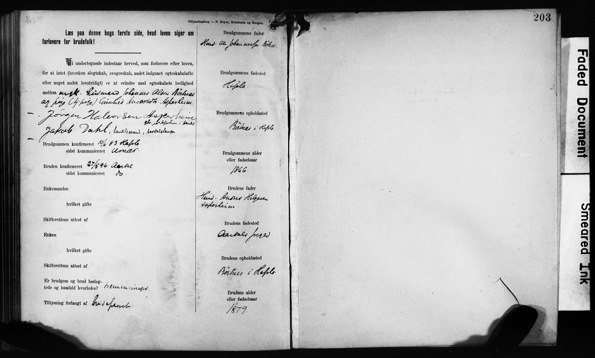 Mariakirken Sokneprestembete, SAB/A-76901: Forlovererklæringer nr. II.5.1, 1891-1901, s. 203