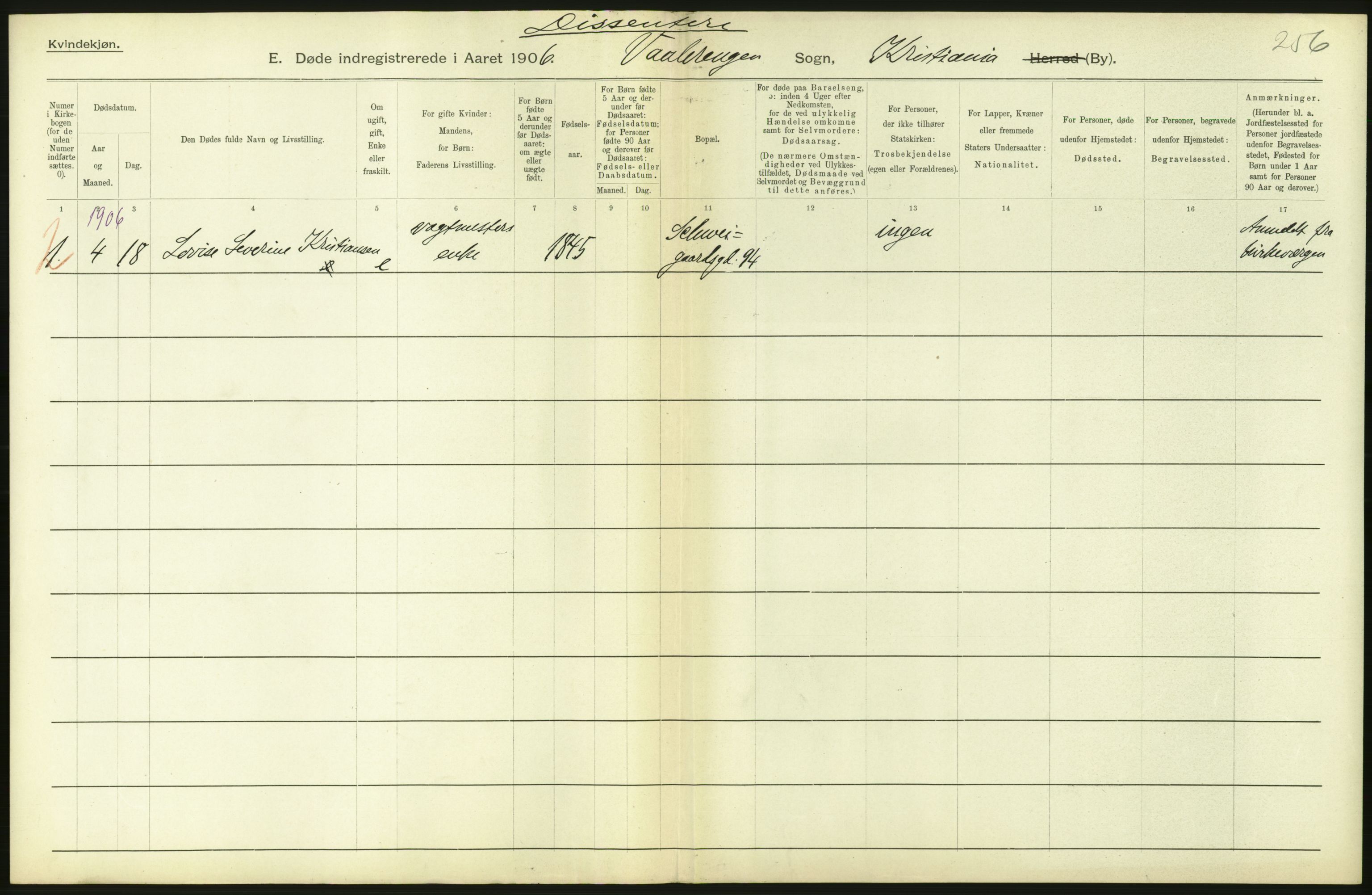 Statistisk sentralbyrå, Sosiodemografiske emner, Befolkning, RA/S-2228/D/Df/Dfa/Dfad/L0009: Kristiania: Døde, 1906, s. 180