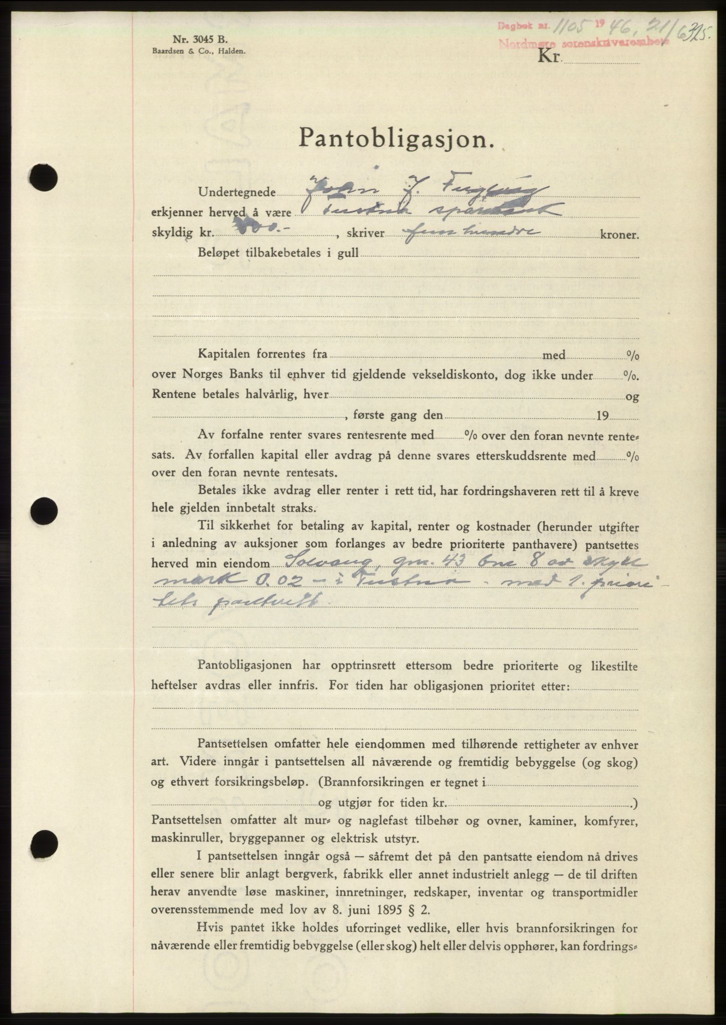 Nordmøre sorenskriveri, AV/SAT-A-4132/1/2/2Ca: Pantebok nr. B94, 1946-1946, Dagboknr: 1105/1946