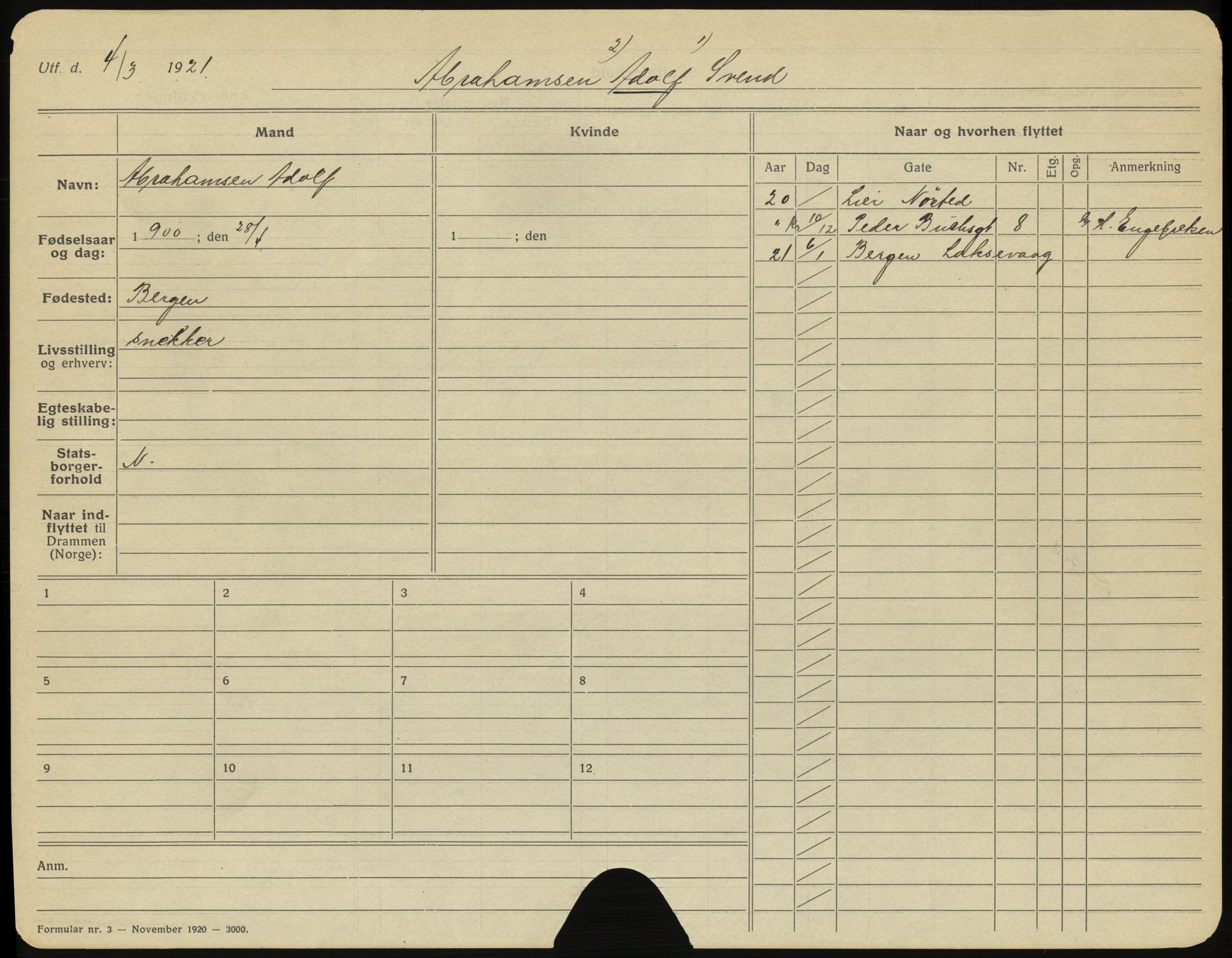 Drammen folkeregister, AV/SAKO-A-136/G/Ga/L0008: Utflyttede, 1921