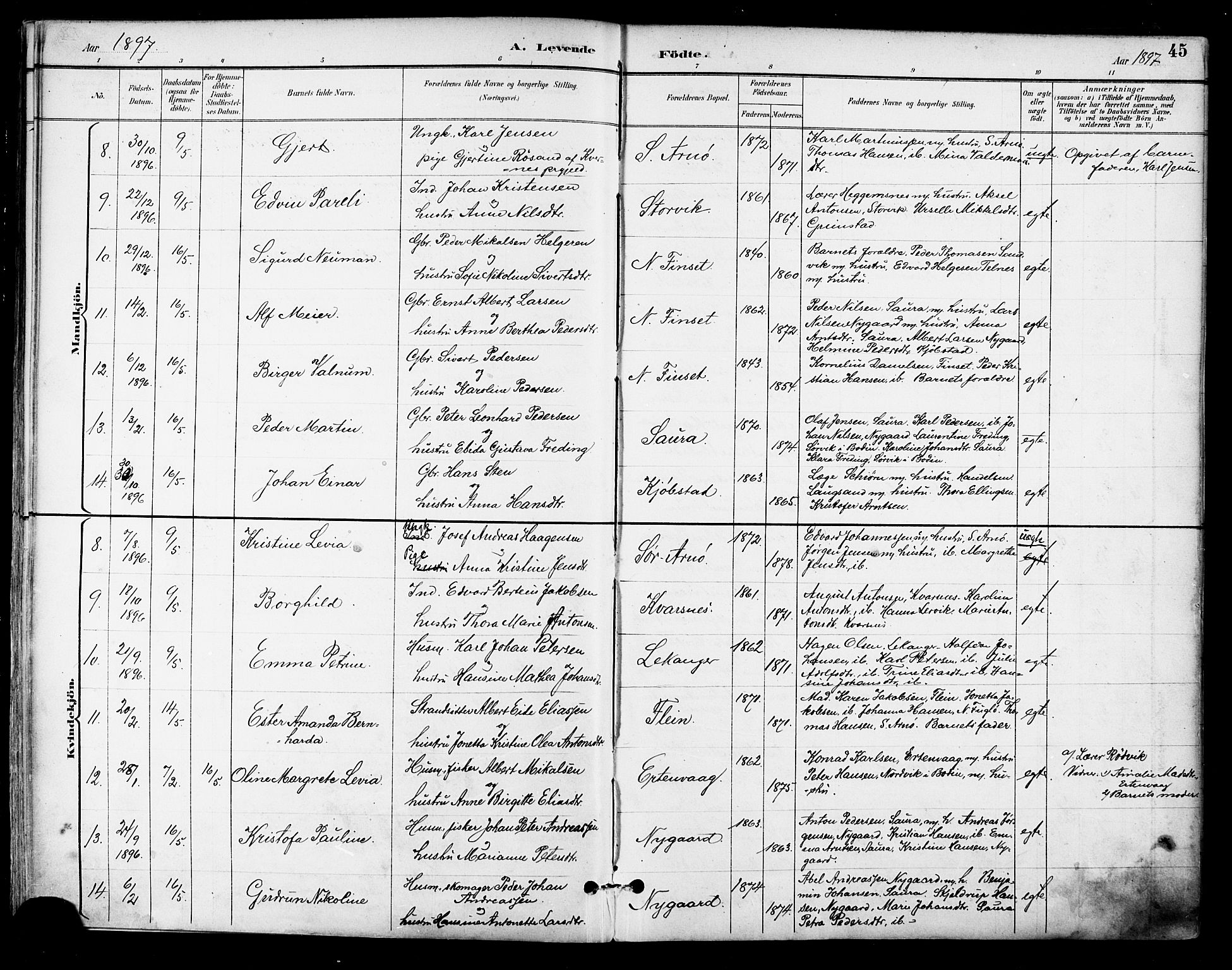 Ministerialprotokoller, klokkerbøker og fødselsregistre - Nordland, AV/SAT-A-1459/805/L0101: Ministerialbok nr. 805A07, 1892-1899, s. 45