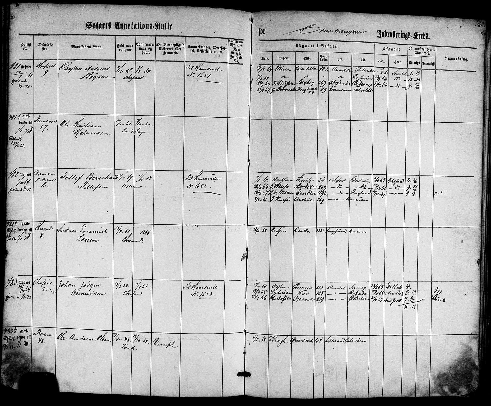 Kristiansand mønstringskrets, SAK/2031-0015/F/Fa/L0004: Annotasjonsrulle nr 1-507b med register, I-2, 1860-1865, s. 182