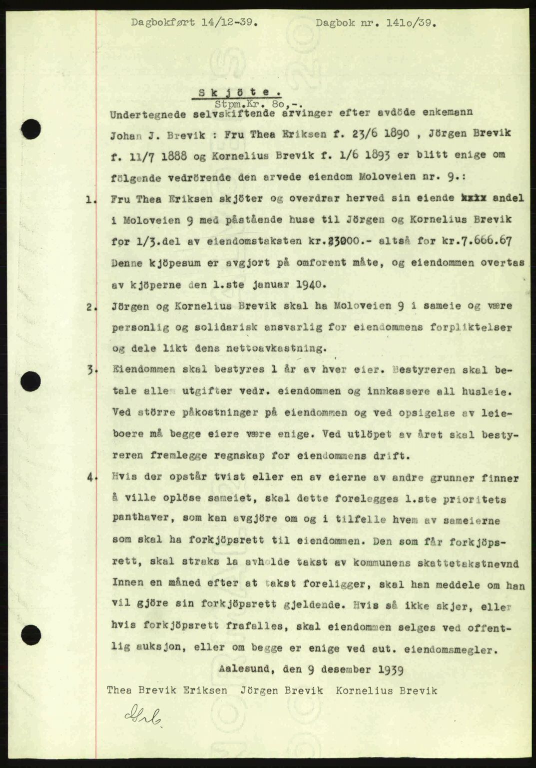 Ålesund byfogd, AV/SAT-A-4384: Pantebok nr. 34 II, 1938-1940, Dagboknr: 1410/1939