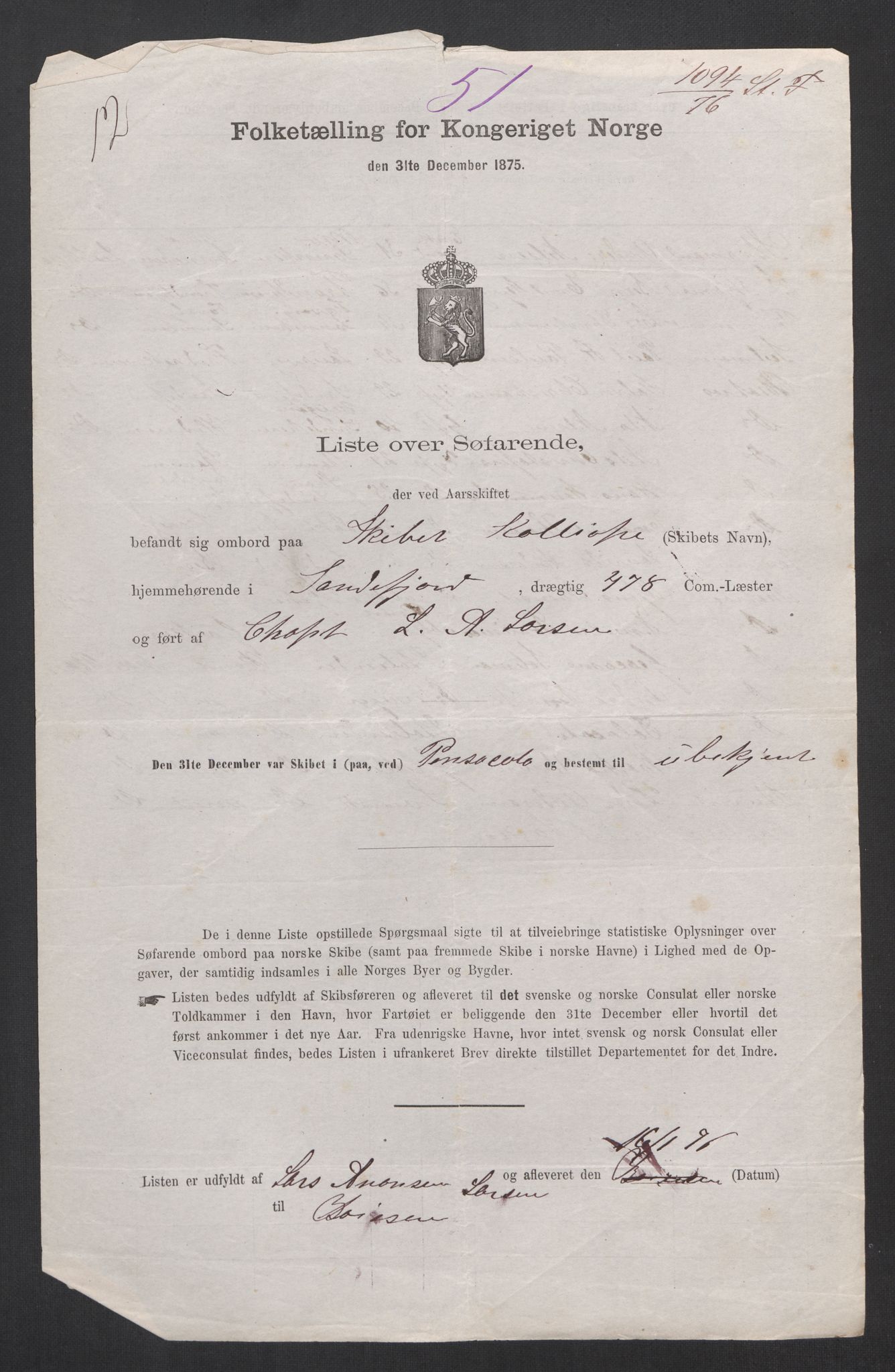 RA, Folketelling 1875, skipslister: Skip i utenrikske havner, hjemmehørende i byer og ladesteder, Fredrikshald - Arendal, 1875, s. 577