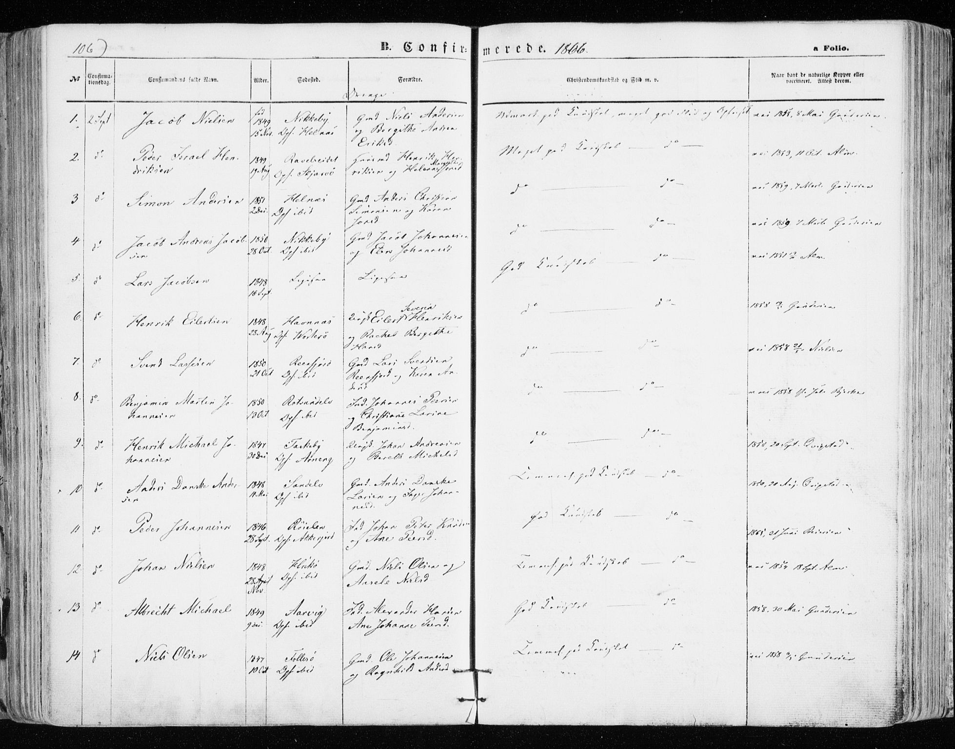 Skjervøy sokneprestkontor, AV/SATØ-S-1300/H/Ha/Haa/L0007kirke: Ministerialbok nr. 7, 1860-1870, s. 106