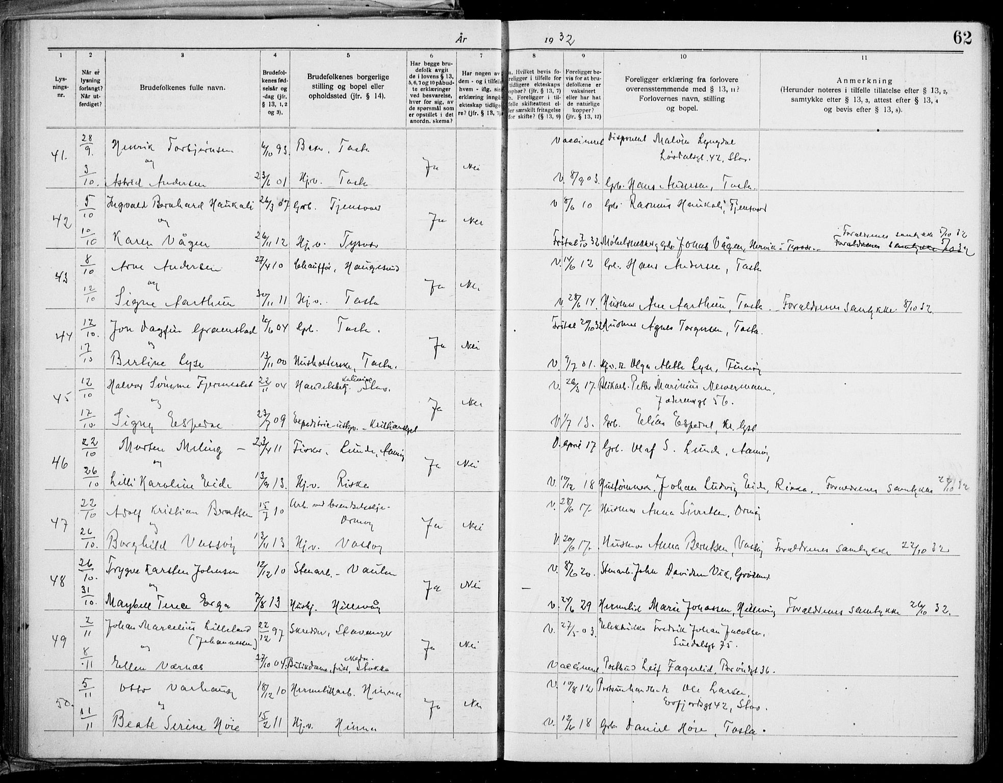 Hetland sokneprestkontor, AV/SAST-A-101826/70/705BA/L0006: Lysningsprotokoll nr. 705.BA.6, 1919-1939, s. 62