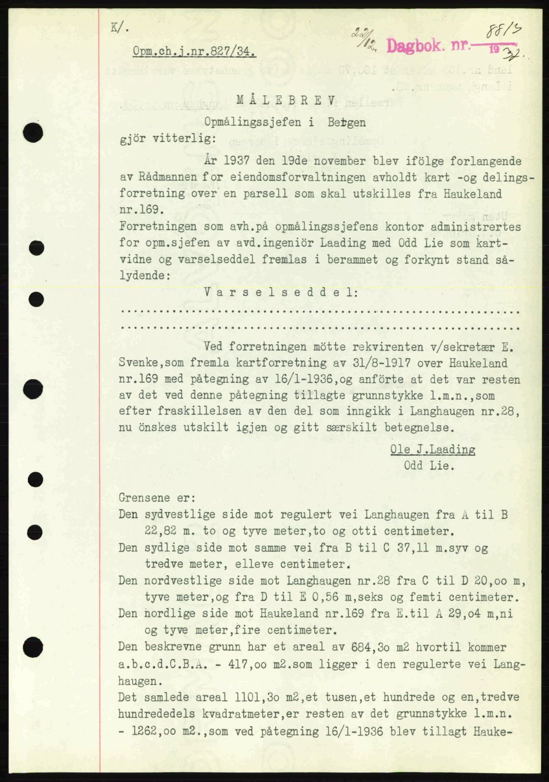 Byfogd og Byskriver i Bergen, SAB/A-3401/03/03Bc/L0006: Pantebok nr. A5, 1937-1938, Dagboknr: 8813/1937