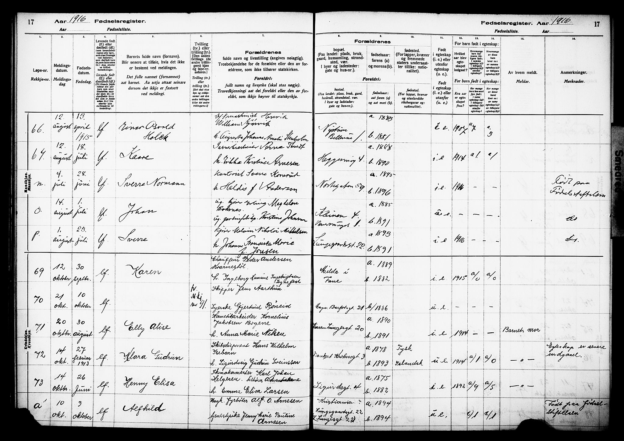 Domkirken sokneprestembete, AV/SAB-A-74801/I/Id/L00A1: Fødselsregister nr. A 1, 1916-1923, s. 17