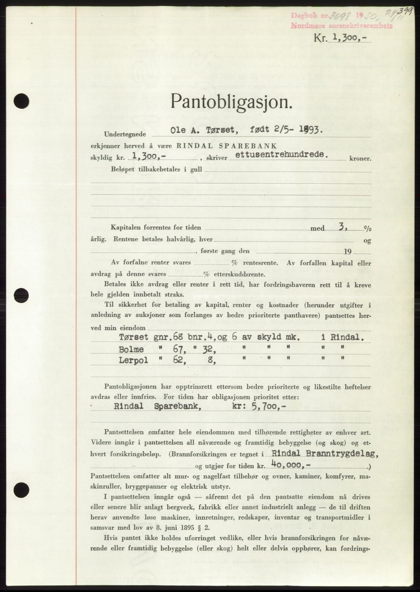 Nordmøre sorenskriveri, SAT/A-4132/1/2/2Ca: Pantebok nr. B106, 1950-1950, Dagboknr: 3698/1950