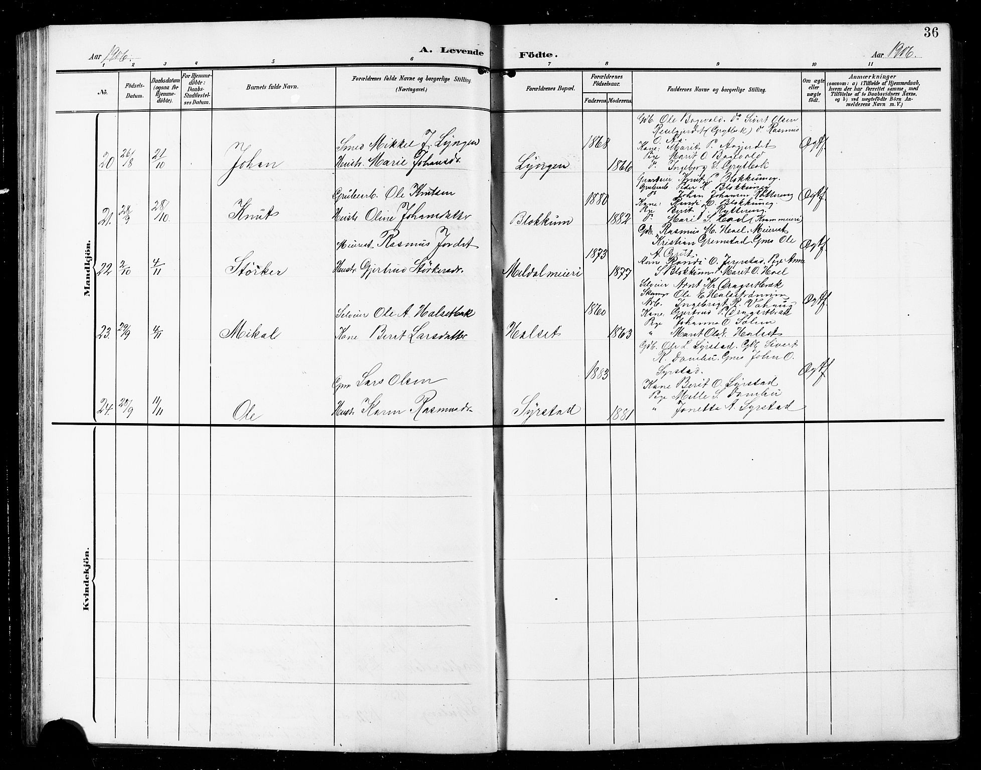 Ministerialprotokoller, klokkerbøker og fødselsregistre - Sør-Trøndelag, AV/SAT-A-1456/672/L0864: Klokkerbok nr. 672C03, 1902-1914, s. 36