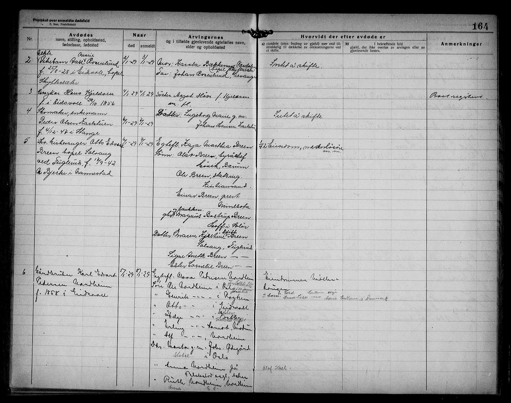 Eidsvoll lensmannskontor, AV/SAO-A-10266a/H/Ha/Haa/L0005: Dødsfallprotokoll, 1921-1930, s. 164