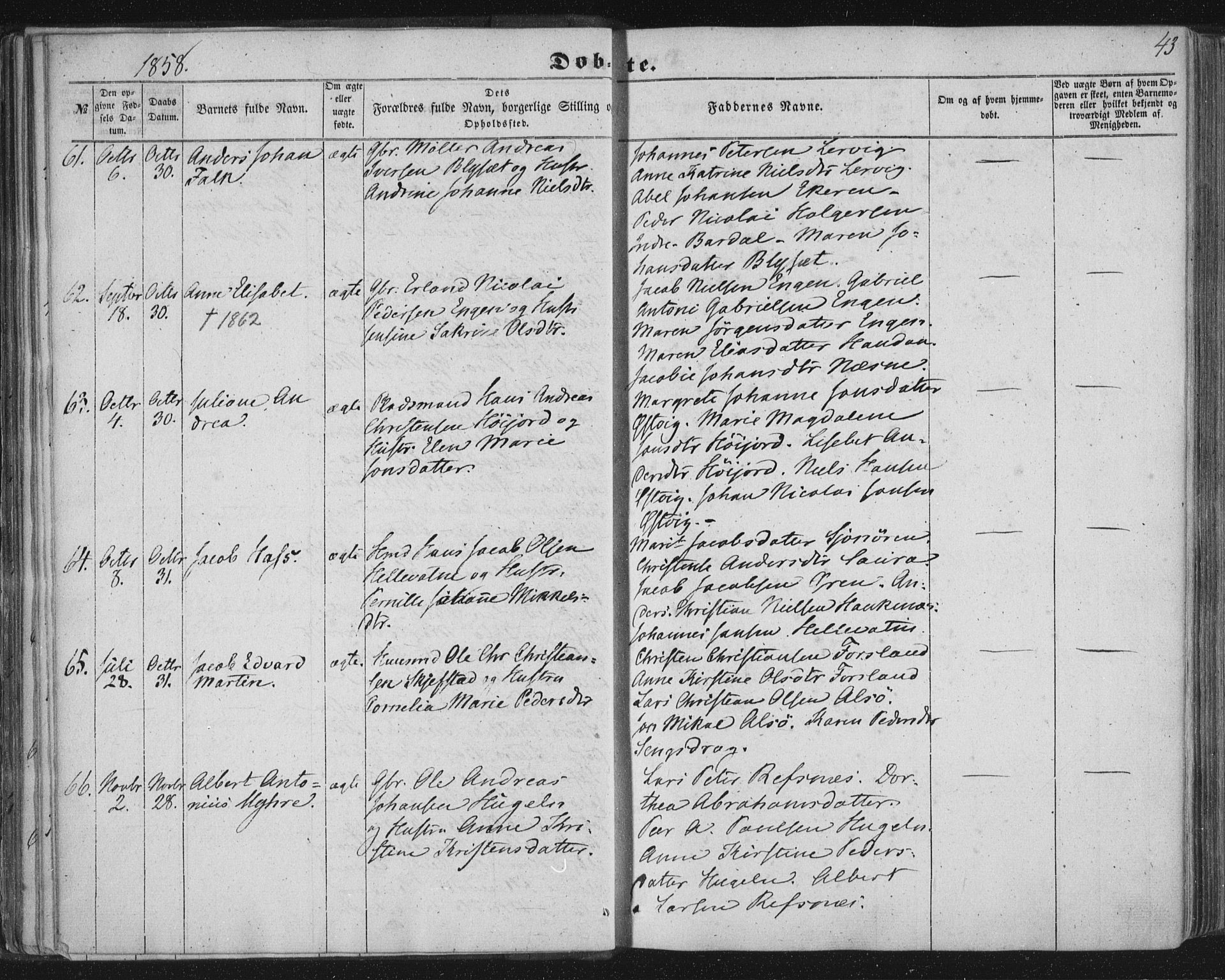 Ministerialprotokoller, klokkerbøker og fødselsregistre - Nordland, AV/SAT-A-1459/838/L0550: Ministerialbok nr. 838A08, 1855-1865, s. 43