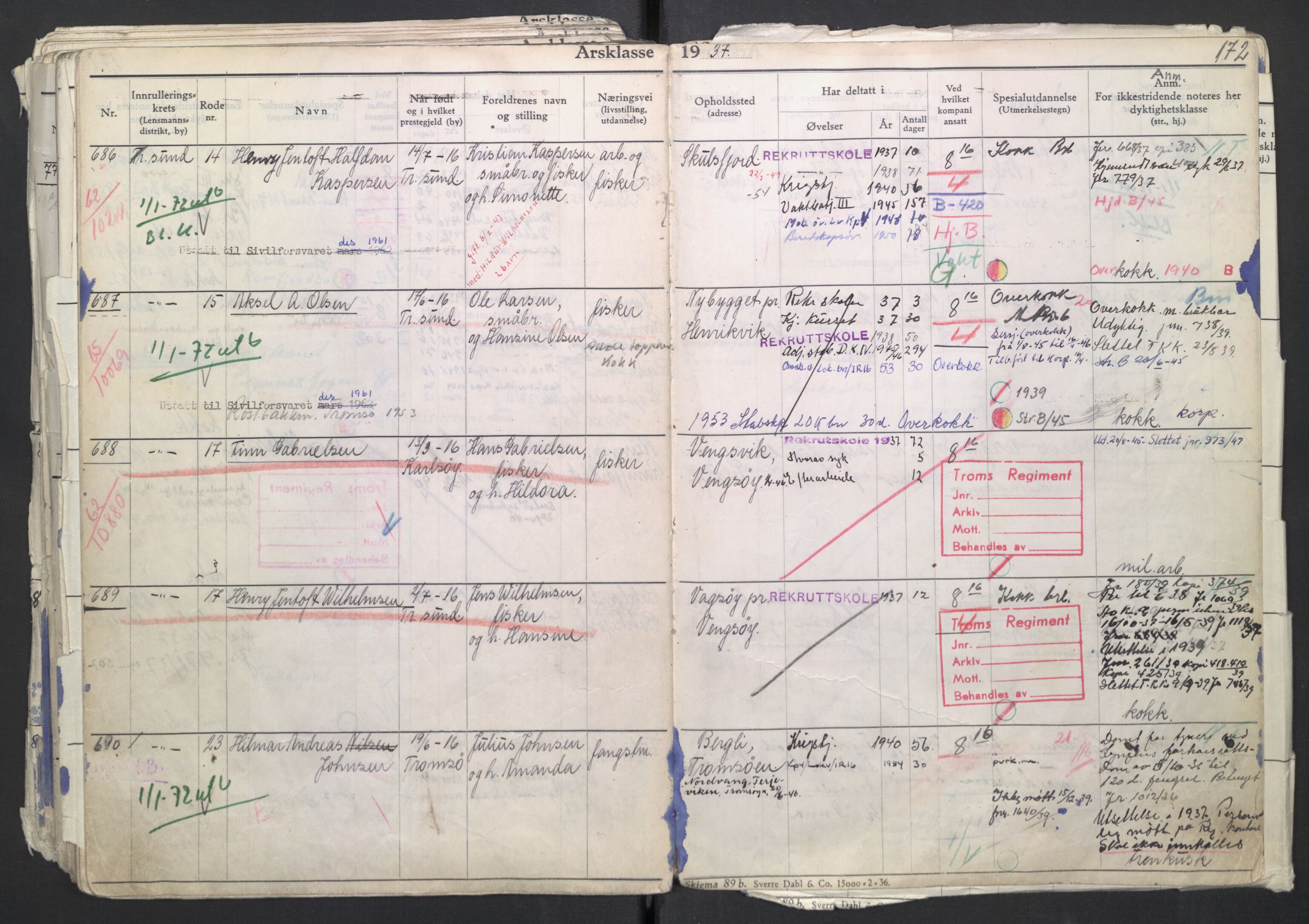 Forsvaret, Troms infanteriregiment nr. 16, AV/RA-RAFA-3146/P/Pa/L0007/0002: Ruller / Rulle for regimentets menige mannskaper, årsklasse 1937, 1937, s. 172