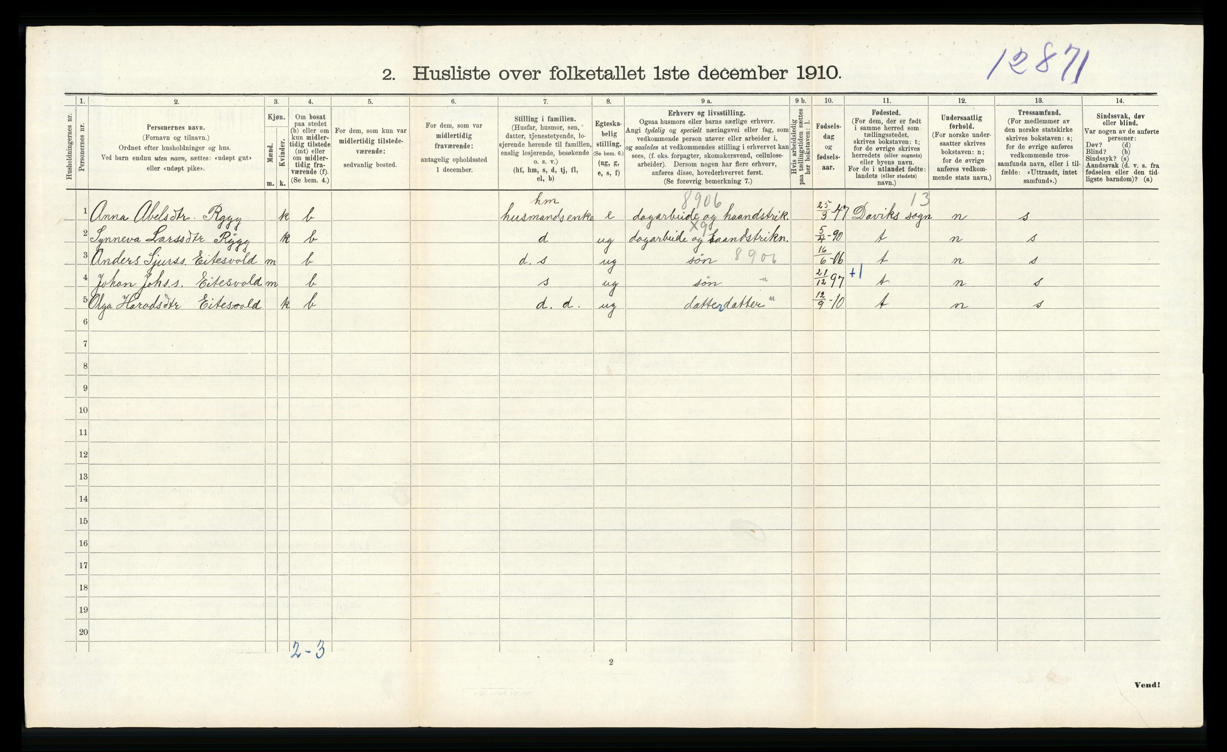 RA, Folketelling 1910 for 1236 Vossestrand herred, 1910, s. 546