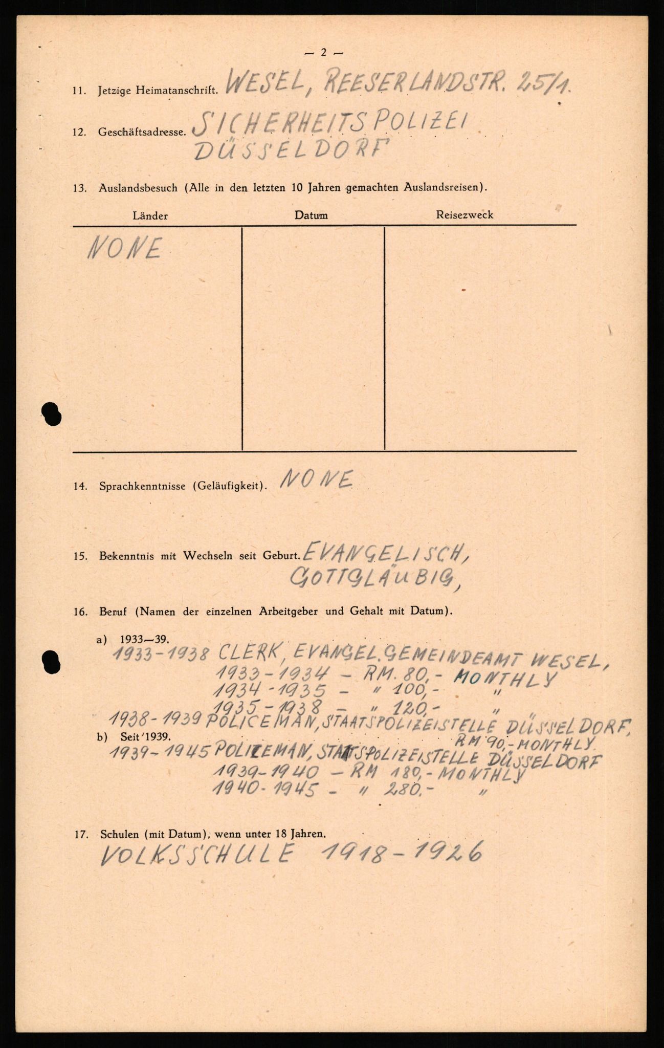 Forsvaret, Forsvarets overkommando II, RA/RAFA-3915/D/Db/L0017: CI Questionaires. Tyske okkupasjonsstyrker i Norge. Tyskere., 1945-1946, s. 346