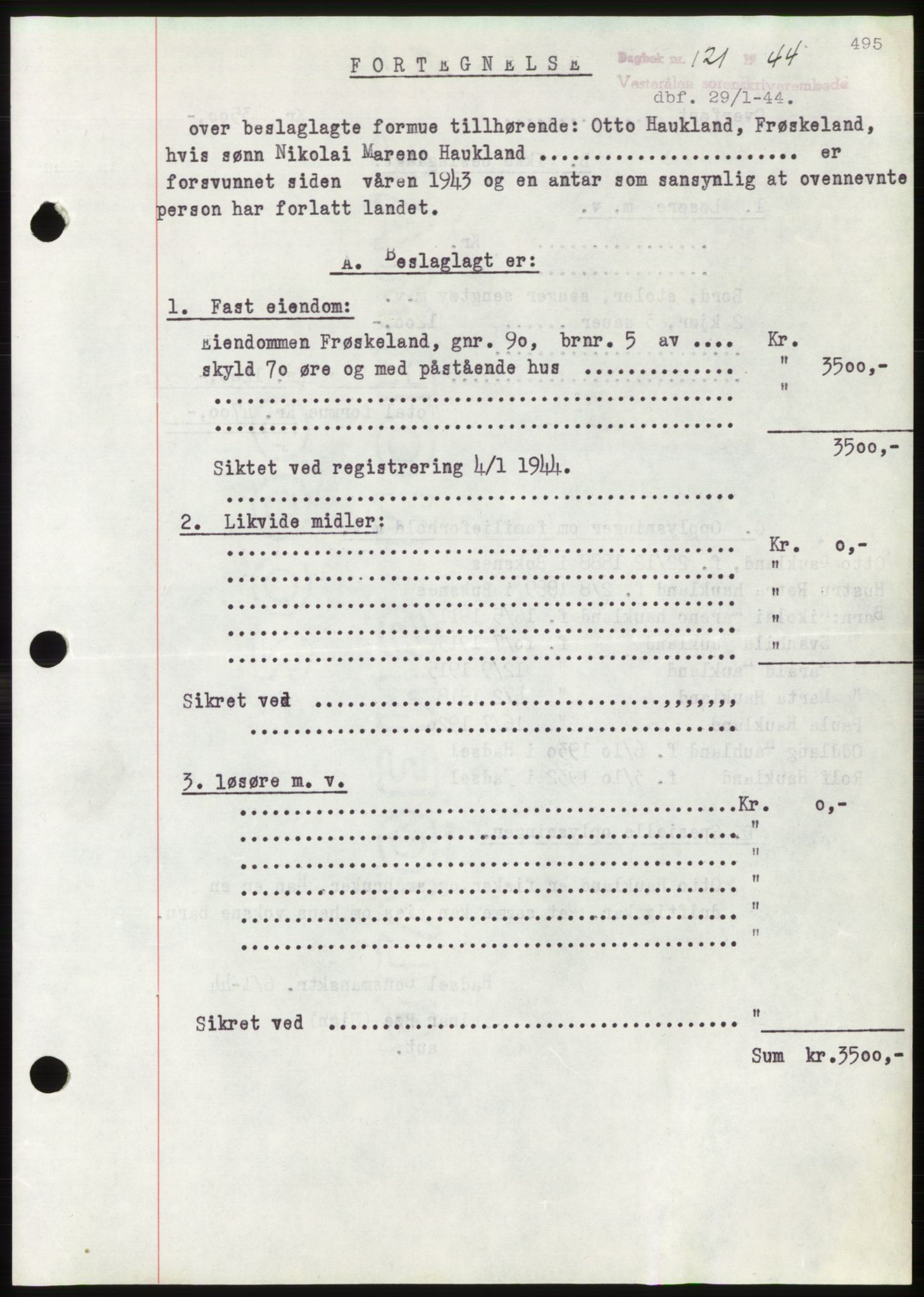 Vesterålen sorenskriveri, AV/SAT-A-4180/1/2/2Ca: Pantebok nr. B11-14, 1941-1946, Dagboknr: 121/1943
