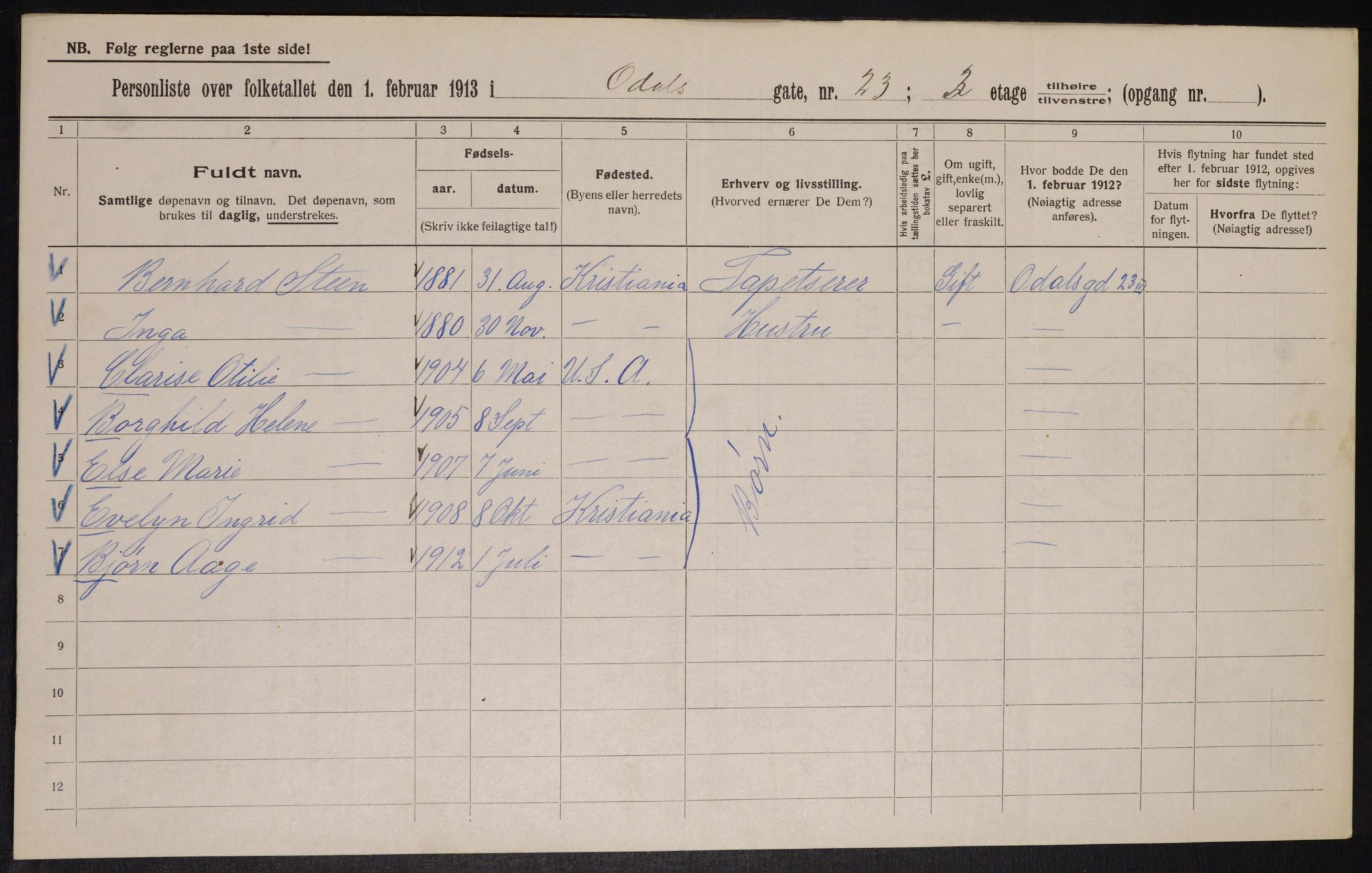 OBA, Kommunal folketelling 1.2.1913 for Kristiania, 1913, s. 74560