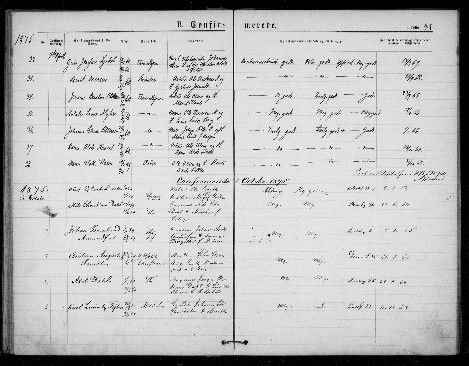 Ministerialprotokoller, klokkerbøker og fødselsregistre - Sør-Trøndelag, SAT/A-1456/602/L0121: Ministerialbok nr. 602A19, 1872-1879, s. 41