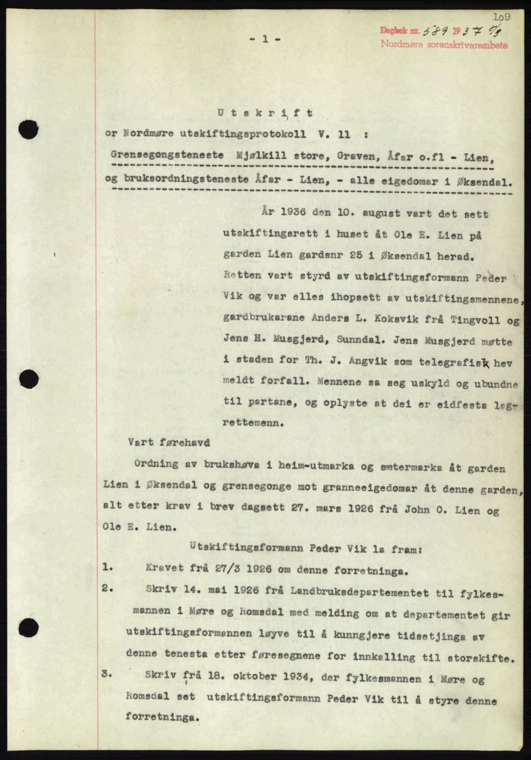 Nordmøre sorenskriveri, SAT/A-4132/1/2/2Ca: Pantebok nr. A81, 1937-1937, Dagboknr: 589/1937