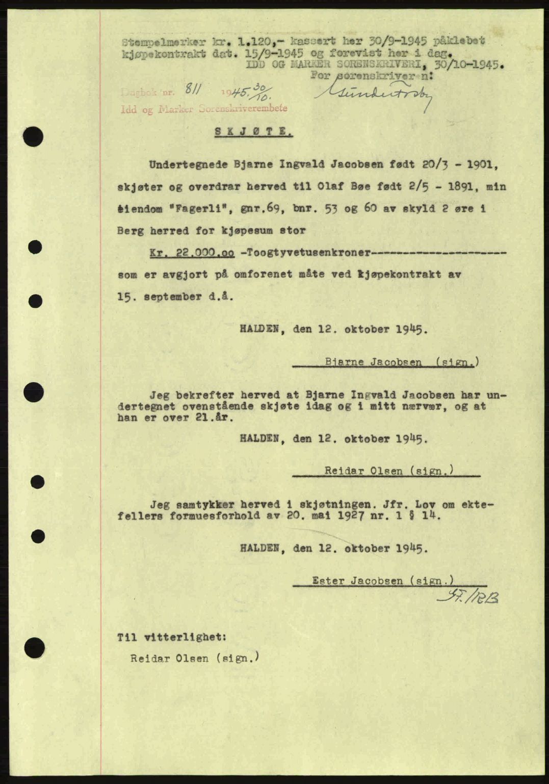 Idd og Marker sorenskriveri, AV/SAO-A-10283/G/Gb/Gbb/L0007: Pantebok nr. A7, 1944-1945, Dagboknr: 811/1945